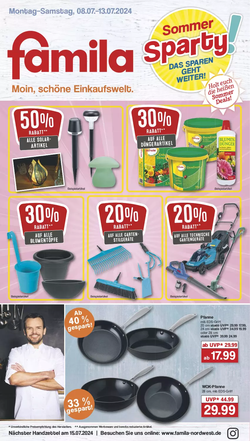 Aktueller Prospekt Famila - Prospekte - von 08.07 bis 13.07.2024 - strona 1 - produkty: blume, blumen, dünger, eis, elle, Garten, LG, pfanne, reis, teller, Ti, wok