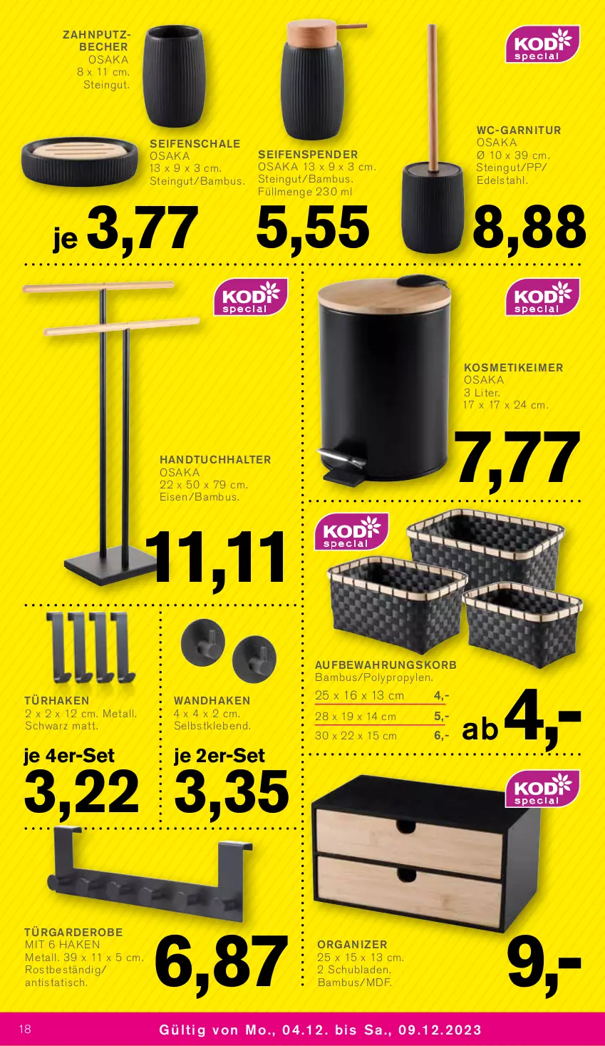 Aktueller Prospekt Kodi - Prospekte - von 04.12 bis 09.12.2023 - strona 18 - produkty: bambus, Becher, edelstahl, eimer, eis, Garderobe, garnitur, handtuch, Handtuchhalter, korb, kosmetik, kosmetikeimer, Schal, Schale, schubladen, Seife, seifenspender, Ti, tisch, tuc, wc-garnitur