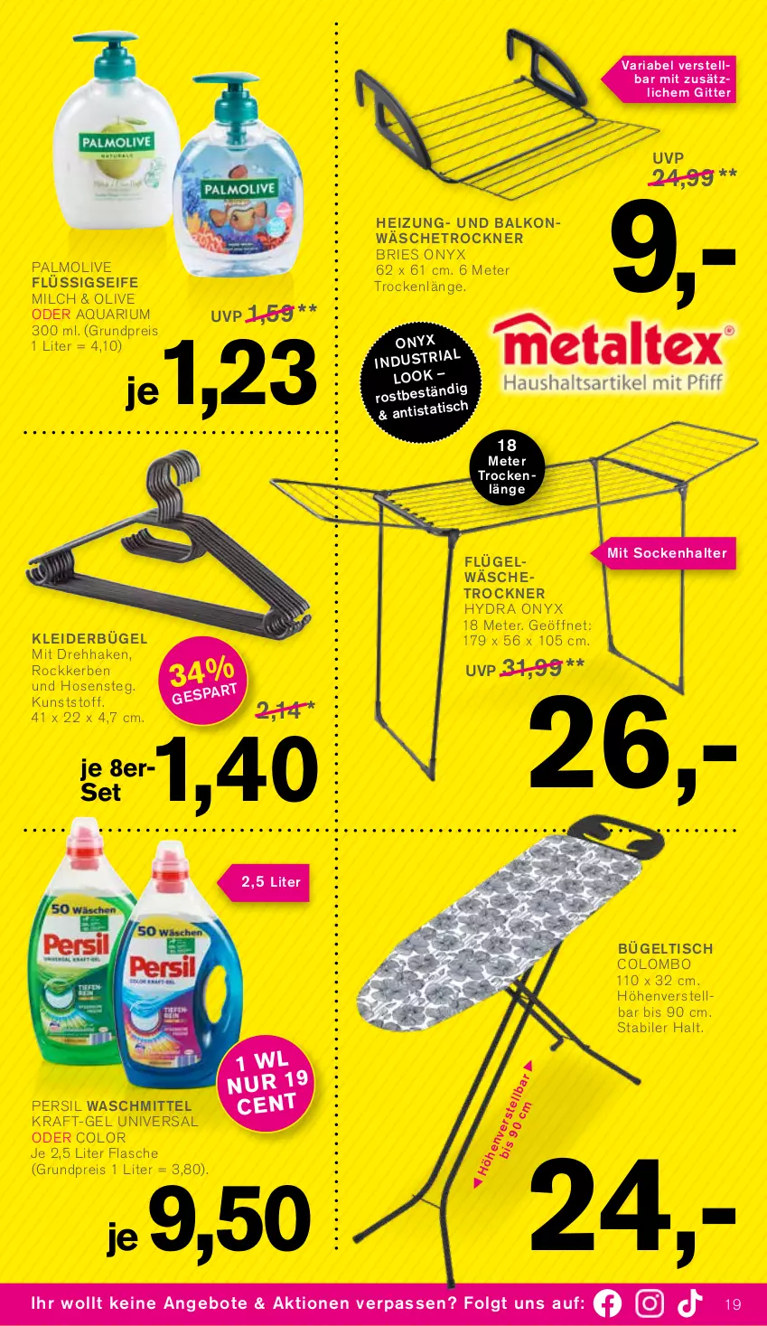 Aktueller Prospekt Kodi - Prospekte - von 04.12 bis 09.12.2023 - strona 19 - produkty: angebot, angebote, aqua, brie, bügel, bügeltisch, eis, flasche, flüssigseife, hose, hosen, kleid, kleider, kleiderbügel, kraft, LG, milch, olive, palmolive, persil, persil waschmittel, reis, Ria, Seife, socken, Ti, tisch, Trockner, wäschetrockner, waschmittel