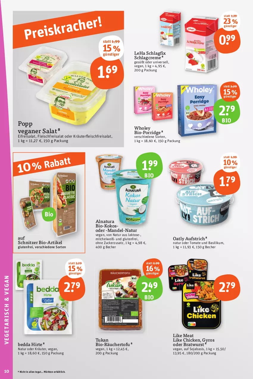 Aktueller Prospekt Tegut - Angebote der Woche - von 09.10 bis 14.10.2023 - strona 10 - produkty: aufstrich, basilikum, Becher, bio, bratwurst, creme, eis, fleisch, gyros, kokos, kräuter, Like Meat, mandel, milch, natur, natura, oder kräuter, Popp, porridge, reis, salat, soja, Ti, Tofu, tomate, wurst, zucker