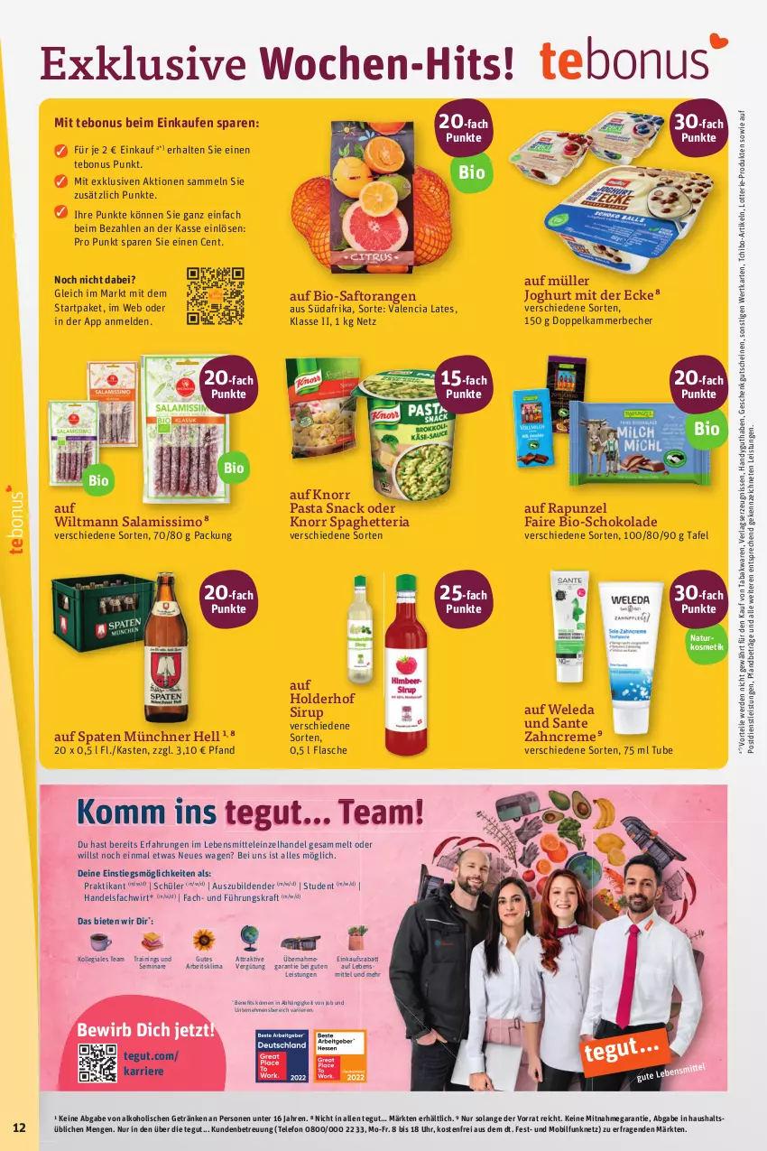 Aktueller Prospekt Tegut - Angebote der Woche - von 09.10 bis 14.10.2023 - strona 12 - produkty: alkohol, Becher, bio, creme, eis, erde, flasche, getränk, getränke, gutschein, gutscheine, Handy, joghur, joghurt, joghurt mit der ecke, knorr, knorr pasta, kosmetik, kraft, lebensmittel, Müller, natur, naturkosmetik, orange, orangen, pasta, pasta snack, Ria, saft, Saftorangen, salami, SANTE, schoko, schokolade, sim, sirup, snack, Spaten, Tchibo, telefon, Ti, uhr, weleda, wiltmann, zahncreme