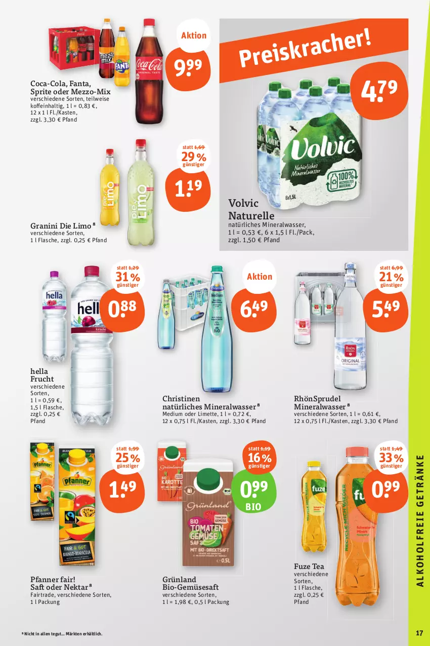 Aktueller Prospekt Tegut - Angebote der Woche - von 09.10 bis 14.10.2023 - strona 17 - produkty: Alwa, bio, Bio-Gemüse, coca-cola, cola, eis, elle, fanta, flasche, frucht, fuze tea, granini, granini die limo, hella, limette, limo, Mett, mineralwasser, natur, natürliches mineralwasser, Nektar, pfanne, Pfanner, rel, RhönSprudel, saft, sprite, Sprudel, Ti, volvic, wasser