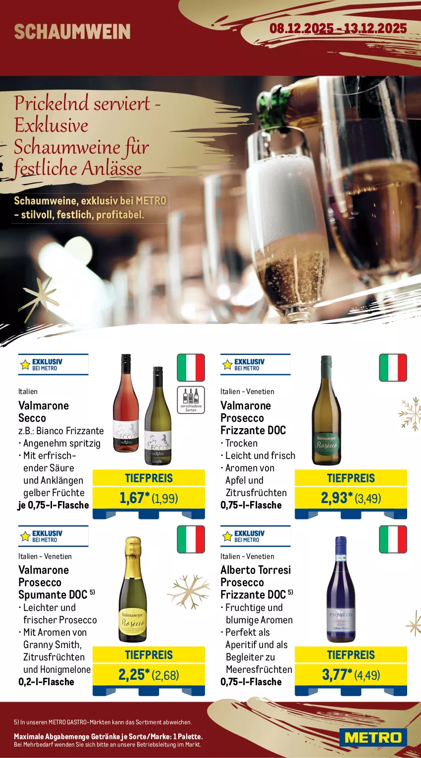 Aktueller Prospekt Metro - Wochen-Angebote Gastro - von 08.12 bis 13.12.2025 - strona 15 - produkty: alkohol, aperitif, apfel, aprikose, beere, brut, champagne, crémant de loire, ecco, eis, elle, ente, erdbeere, ernesto, flasche, frizzante, frucht, früchte, früchten, getränk, getränke, Henri de Verlaine, honig, honigmelone, meeresfrüchte, melone, Metro, metro gastro, mousse, Palette, perla, pfirsich, prosecco, puma, reis, spumante, Ti, tiefpreis, valdo, vanille, wein, weine