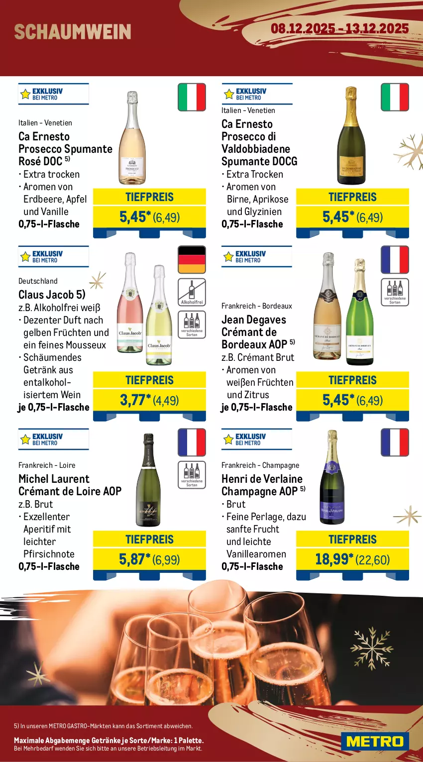 Aktueller Prospekt Metro - Wochen-Angebote Gastro - von 08.12 bis 13.12.2025 - strona 16 - produkty: alkohol, aperitif, apfel, aprikose, beere, brut, champagne, crémant de loire, ecco, eis, elle, ente, erdbeere, ernesto, flasche, frizzante, frucht, früchte, früchten, getränk, getränke, Henri de Verlaine, honig, honigmelone, meeresfrüchte, melone, Metro, metro gastro, mousse, Palette, perla, pfirsich, prosecco, puma, reis, spumante, Ti, tiefpreis, valdo, vanille, wein, weine