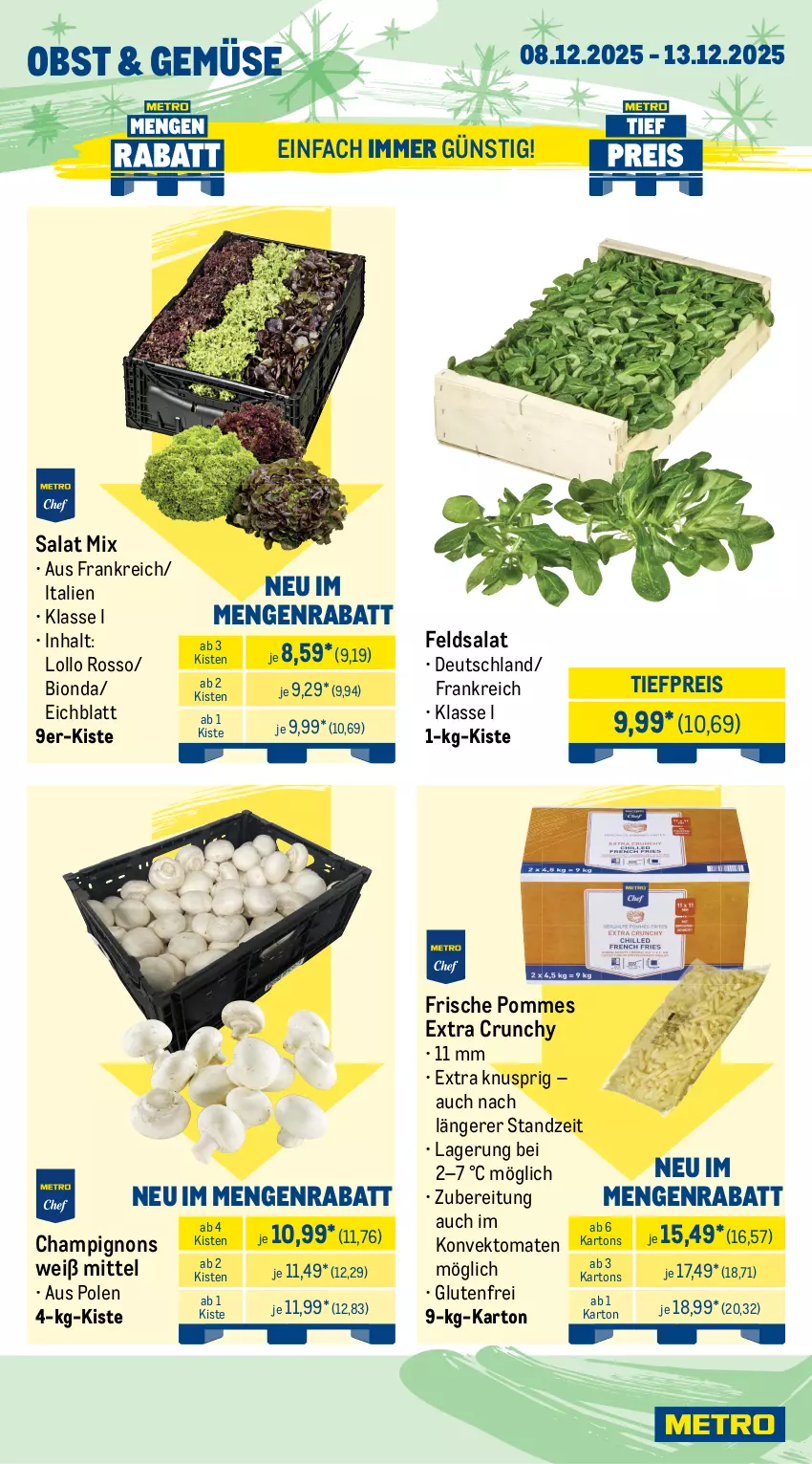 Aktueller Prospekt Metro - Wochen-Angebote Gastro - von 08.12 bis 13.12.2025 - strona 9 - produkty: bio, butter, champignon, champignons, eis, feldsalat, flasche, Käse, mac, milch, obst, pflanze, pflanzen, Pflanzenfett, pommes, reis, sahne, salat, Ti, tiefpreis, tomate, tomaten, ziegenkäse