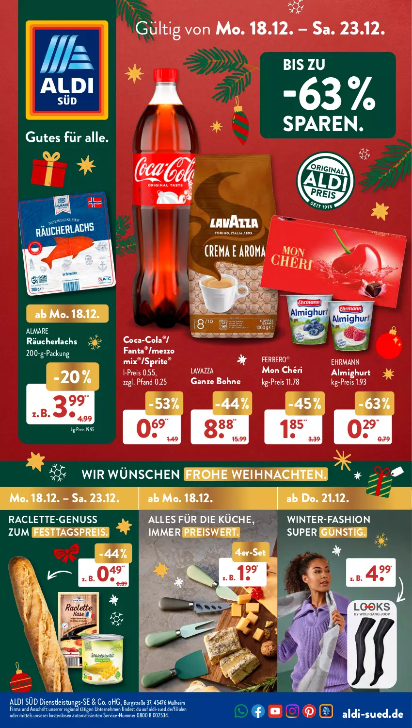 Aktueller Prospekt AldiSud - NÄCHSTE WOCHE - von 18.12 bis 23.12.2023 - strona 1 - produkty: aldi, almare, almighur, almighurt, auto, bohne, coca-cola, cola, ehrmann, ehrmann almighurt, eis, fanta, ferrero, küche, lachs, lavazza, Mezzo Mix, Mon Chéri, nuss, Räucherlachs, reis, sprite, Ti, weihnachten