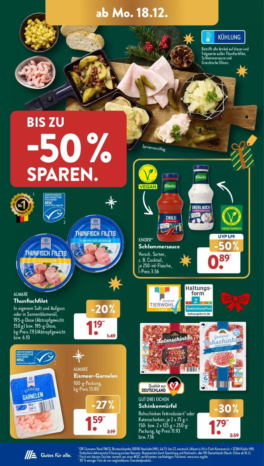 Aktueller Prospekt AldiSud - NÄCHSTE WOCHE - von 18.12 bis 23.12.2023 - strona 12 - produkty: almare, blume, blumen, blumenöl, brut, cocktail, eis, Elektro, filet, fisch, fische, Fischer, flasche, garnelen, HP, katenschinken, knorr, Konserven, Laufen, LG, olive, oliven, reis, rohschinken, saft, sauce, Schere, schinken, schlemmersauce, sonnenblume, sonnenblumen, sonnenblumenöl, thunfisch, Ti, würfel