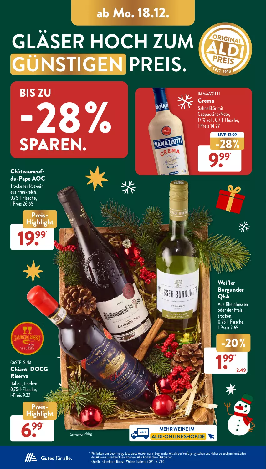 Aktueller Prospekt AldiSud - NÄCHSTE WOCHE - von 18.12 bis 23.12.2023 - strona 22 - produkty: aldi, alle artikel ohne dekoration, Amber, burgunder, Cap, cappuccino, chia, chianti, cin, dekoration, eis, elle, flasche, Gläser, likör, rama, ramazzott, ramazzotti, reis, riserva, rotwein, sahne, Ti, wein, weine, zott, ZTE