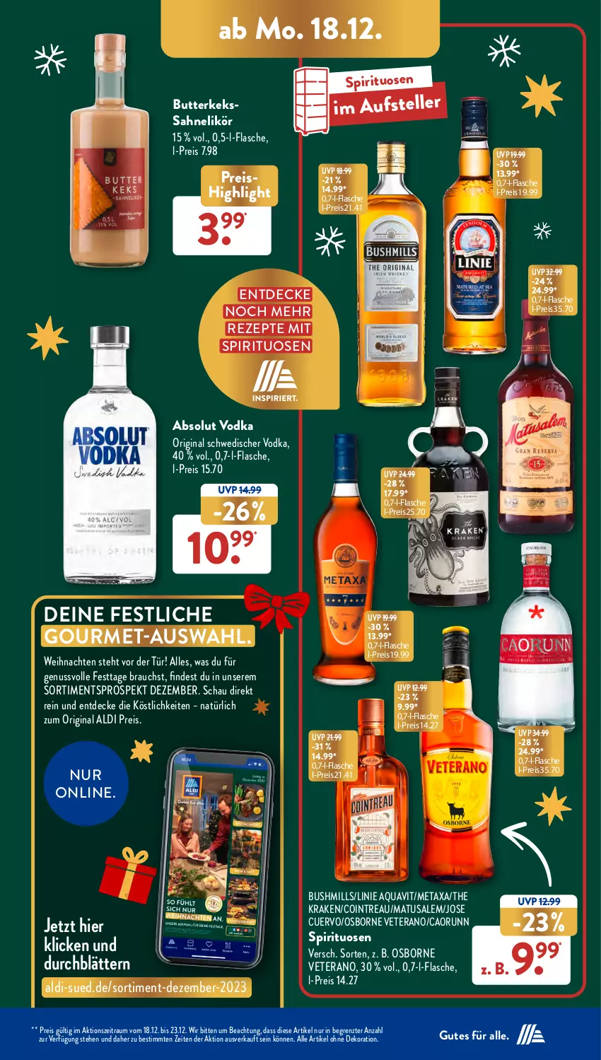 Aktueller Prospekt AldiSud - NÄCHSTE WOCHE - von 18.12 bis 23.12.2023 - strona 23 - produkty: Absolut Vodka, aldi, alle artikel ohne dekoration, aqua, aquavit, butter, butterkeks, decke, dekoration, eis, elle, flasche, gin, keks, likör, Matusalem, Metaxa, nuss, osborne, Rauch, reis, rezept, rezepte, sahne, spirituosen, teller, Ti, veterano, vodka, weihnachten, ZTE