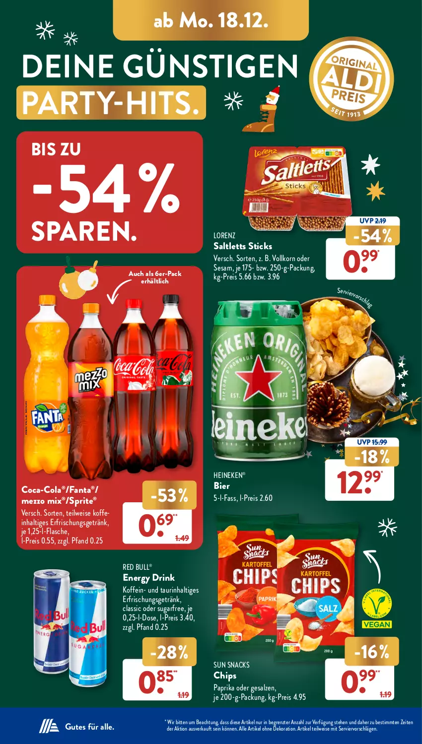 Aktueller Prospekt AldiSud - NÄCHSTE WOCHE - von 18.12 bis 23.12.2023 - strona 24 - produkty: alle artikel ohne dekoration, bier, chips, coca-cola, cola, dekoration, drink, eis, energy drink, erfrischungsgetränk, fanta, flasche, getränk, heineken, korn, lorenz, Mezzo Mix, paprika, red bull, reis, saltletts, salz, sesam, snack, snacks, sprite, Sun Snacks, Ti, ZTE