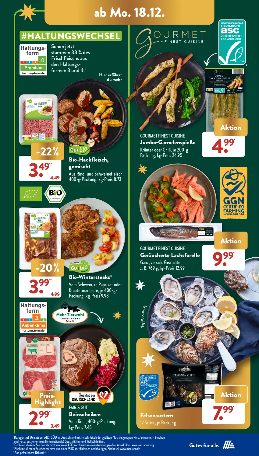 Aktueller Prospekt AldiSud - NÄCHSTE WOCHE - von 18.12 bis 23.12.2023 - strona 9 - produkty: aldi, aqua, aust, Austern, bio, Bio-Hackfleisch, chili, eis, elle, fisch, fische, Fischer, fleisch, forelle, garnelen, gsw, hackfleisch, jumbo, kräuter, lachs, marinade, oder kräuter, paprika, pute, reis, rel, rind, Schere, schwein, schweine, schweinefleisch, Spezi, steak, steaks, Ti, wein, weine