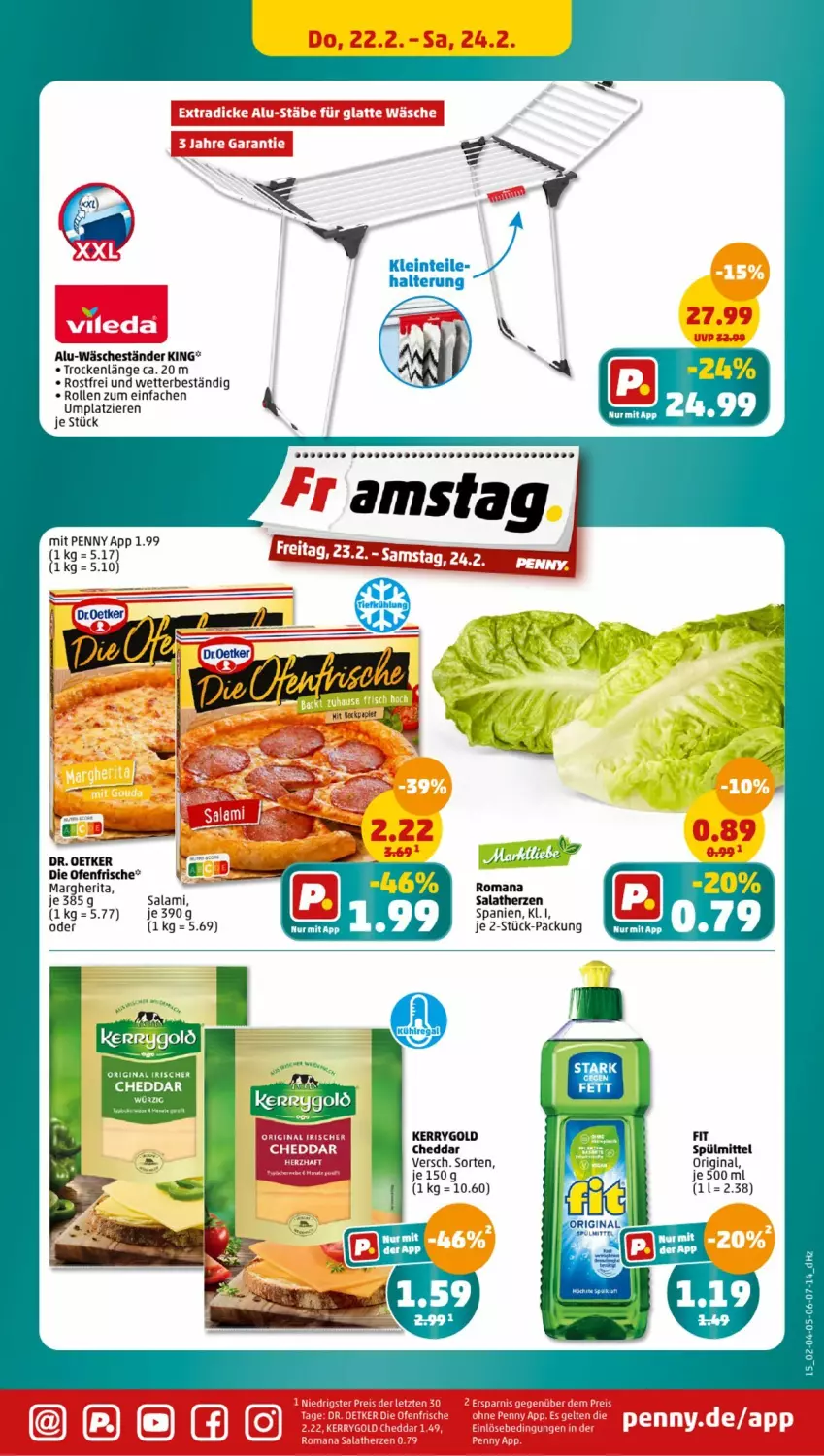 Aktueller Prospekt Penny - Prospekte - von 19.02 bis 24.02.2024 - strona 15 - produkty: AEZ, cheddar, die ofenfrische, Dr. Oetker, gin, kerrygold, margherita, Ofen, papier, salami, salat, salatherzen, spülmittel