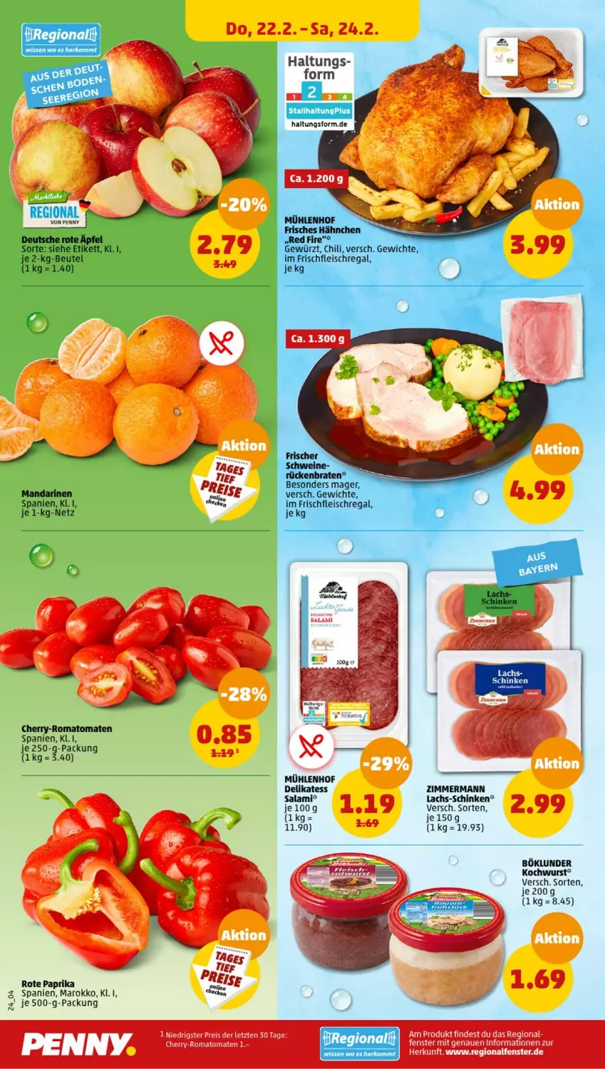 Aktueller Prospekt Penny - Prospekte - von 19.02 bis 24.02.2024 - strona 24 - produkty: beutel, böklunder, braten, chili, eis, fenster, fleisch, gewürz, je 250-g-packung, lachs, mandarine, mandarinen, paprika, regal, reis, Romatomaten, Rückenbraten, salami, schinken, schwein, schweine, Ti, tomate, tomaten, wein, weine, wurst, ZTE