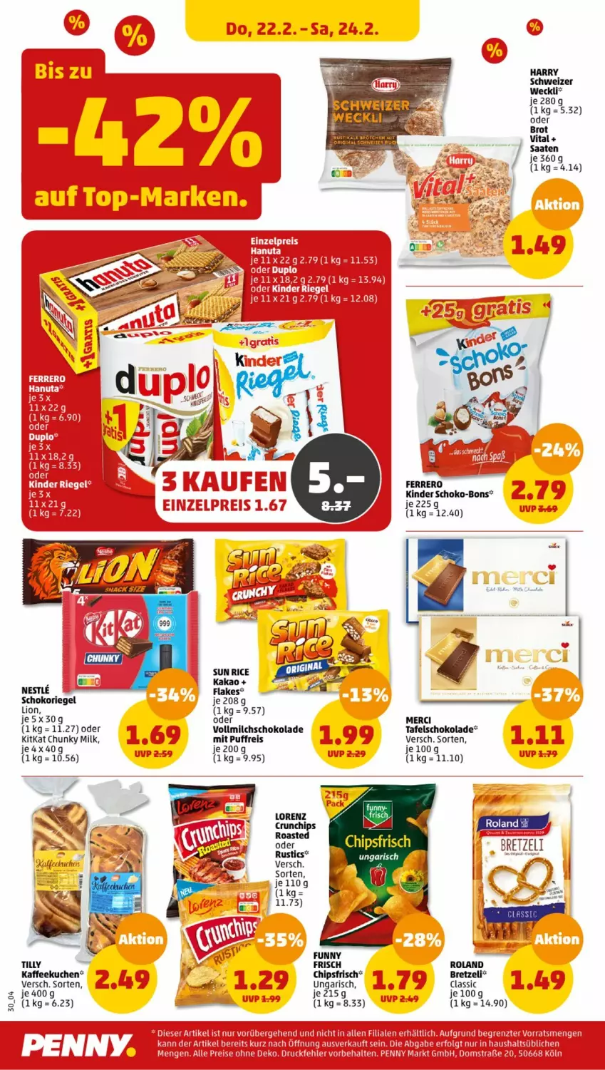 Aktueller Prospekt Penny - Prospekte - von 19.02 bis 24.02.2024 - strona 30 - produkty: brot, chips, chipsfrisch, eis, ferrero, flakes, gin, kaffee, kakao, Kinder, kitkat, kuchen, LG, lion, lorenz, merci, milch, reis, riegel, schoko, schoko-bons, schokolade, schokoriegel, tafelschokolade, Ti, vita, vollmilch, weck