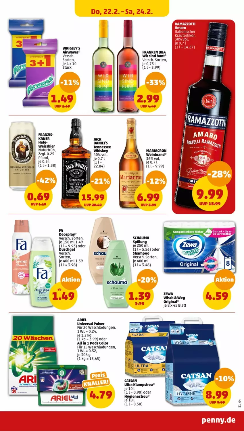 Aktueller Prospekt Penny - Prospekte - von 19.02 bis 24.02.2024 - strona 31 - produkty: bier, catsan, deo, deospray, eis, gin, Hefe, klumpstreu, kräuter, mariacron, natur, Pods, Ria, schauma, shampoo, spülung, universal pulver, wein, weinbrand, weissbier, whiskey, Yo, zewa