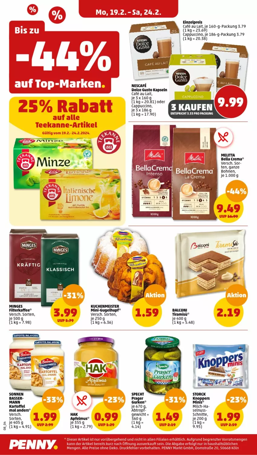 Aktueller Prospekt Penny - Prospekte - von 19.02 bis 24.02.2024 - strona 8 - produkty: Alcon, apfel, apfelmus, auto, bella crema, bellacrema, Cap, cappuccino, cin, dolce gusto, eis, filterkaffee, gurke, gurken, kaffee, kartoffel, kuchen, kuchenmeister, Meister, melitta, milch, nescafe, nuss, reis, specht, Ti