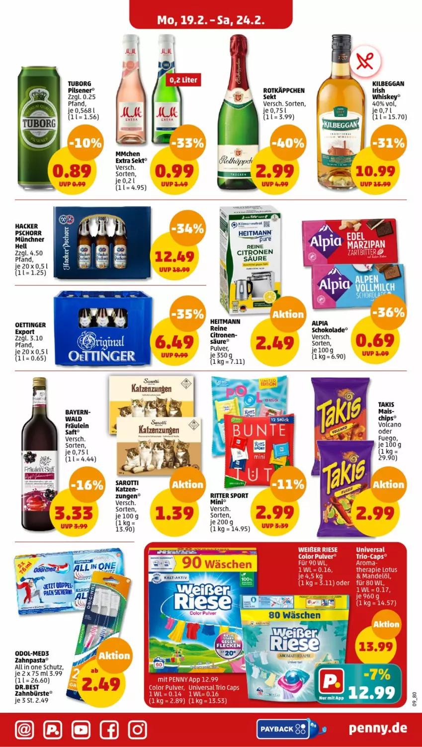 Aktueller Prospekt Penny - Prospekte - von 19.02 bis 24.02.2024 - strona 9 - produkty: alpia, bürste, chips, gin, hacker pschorr, heitmann, kilbeggan, mais, Odol, oettinger, pasta, pils, pilsener, ritter, ritter sport, rotkäppchen, saft, saro, sarotti, sekt, Sport, tee, Ti, whiskey, zahnbürste, zahnpasta