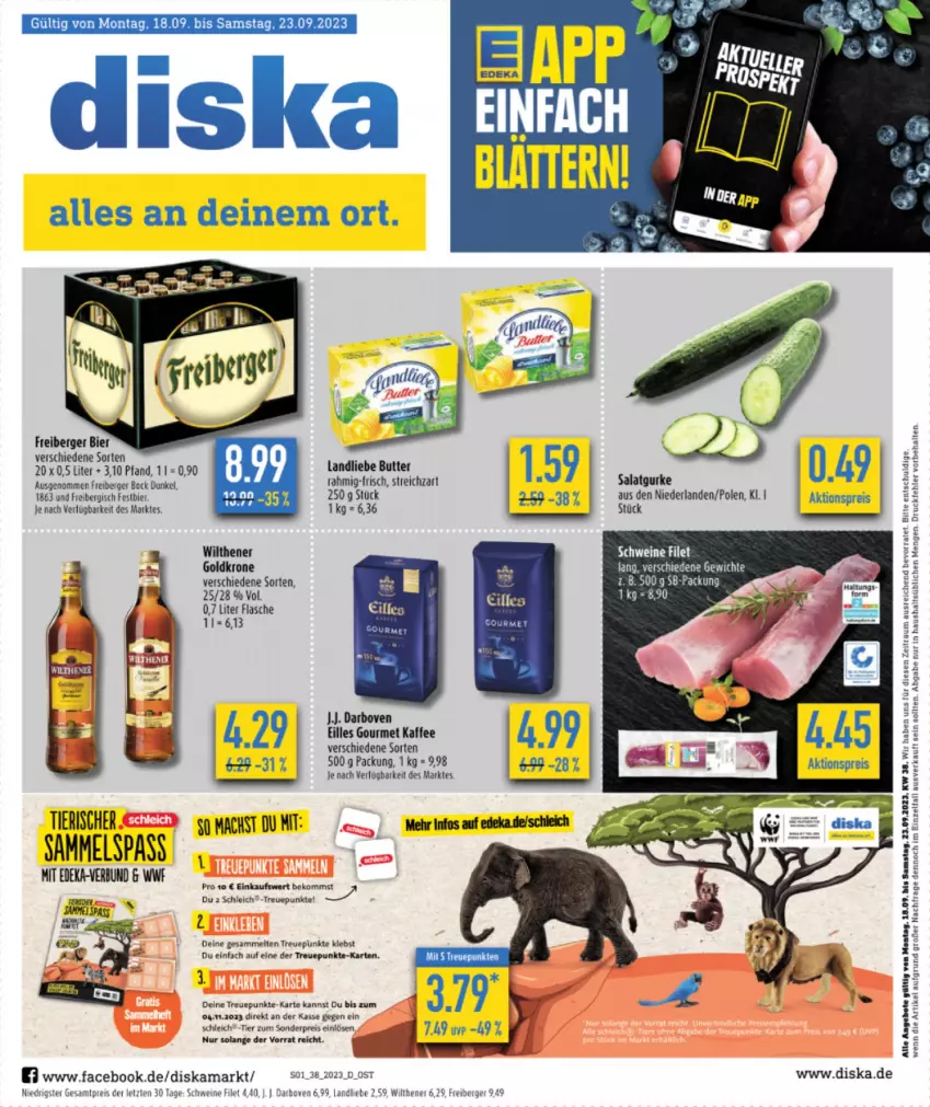 Aktueller Prospekt Diska - Prospekte - von 18.09 bis 23.09.2023 - strona 1 - produkty: aktionspreis, angebot, angebote, Berger, bier, butter, darbo, deka, eilles gourmet, eis, filet, flasche, Freiberger, goldkrone, gurke, kaffee, krone, landliebe, reis, salat, Salatgurke, Schleich, schwein, schweine, Streichzart, Ti, wein, weine, wilthener, ZTE