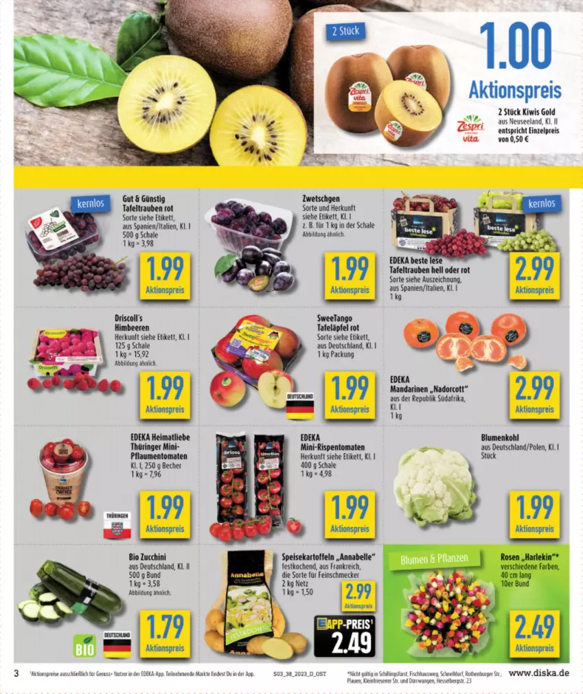 Aktueller Prospekt Diska - Prospekte - von 18.09 bis 23.09.2023 - strona 3 - produkty: aktionspreis, Becher, beere, beeren, bio, blume, blumen, blumenkohl, burger, deka, eis, Elan, elle, feinschmecker, fisch, himbeer, himbeere, himbeeren, kartoffel, kartoffeln, kiwi, mandarine, mandarinen, mini-rispentomaten, nuss, pflaume, pflaumen, reis, ring, rispentomaten, Schal, Schale, speisekartoffeln, tafeläpfel, tafeltrauben, Ti, tomate, tomaten, trauben, vita, zucchini