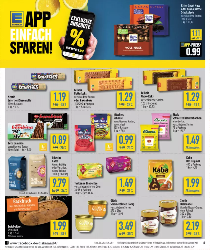 Aktueller Prospekt Diska - Prospekte - von 18.09 bis 23.09.2023 - strona 6 - produkty: aktionspreis, Belmandel, Blüte, bohne, bohnen, brot, butter, butterkeks, cola, deka, eduscho, eis, gin, honig, kakao, keks, kräuter, Ländertee, leibniz, mandel, nuss, ohne palmöl, reis, Ria, Ricola, ritter, ritter sport, schoko, schokolade, sim, smarties, Sport, tee, teekanne, Ti, Vegeta, ZTE, zucker, zwiebel