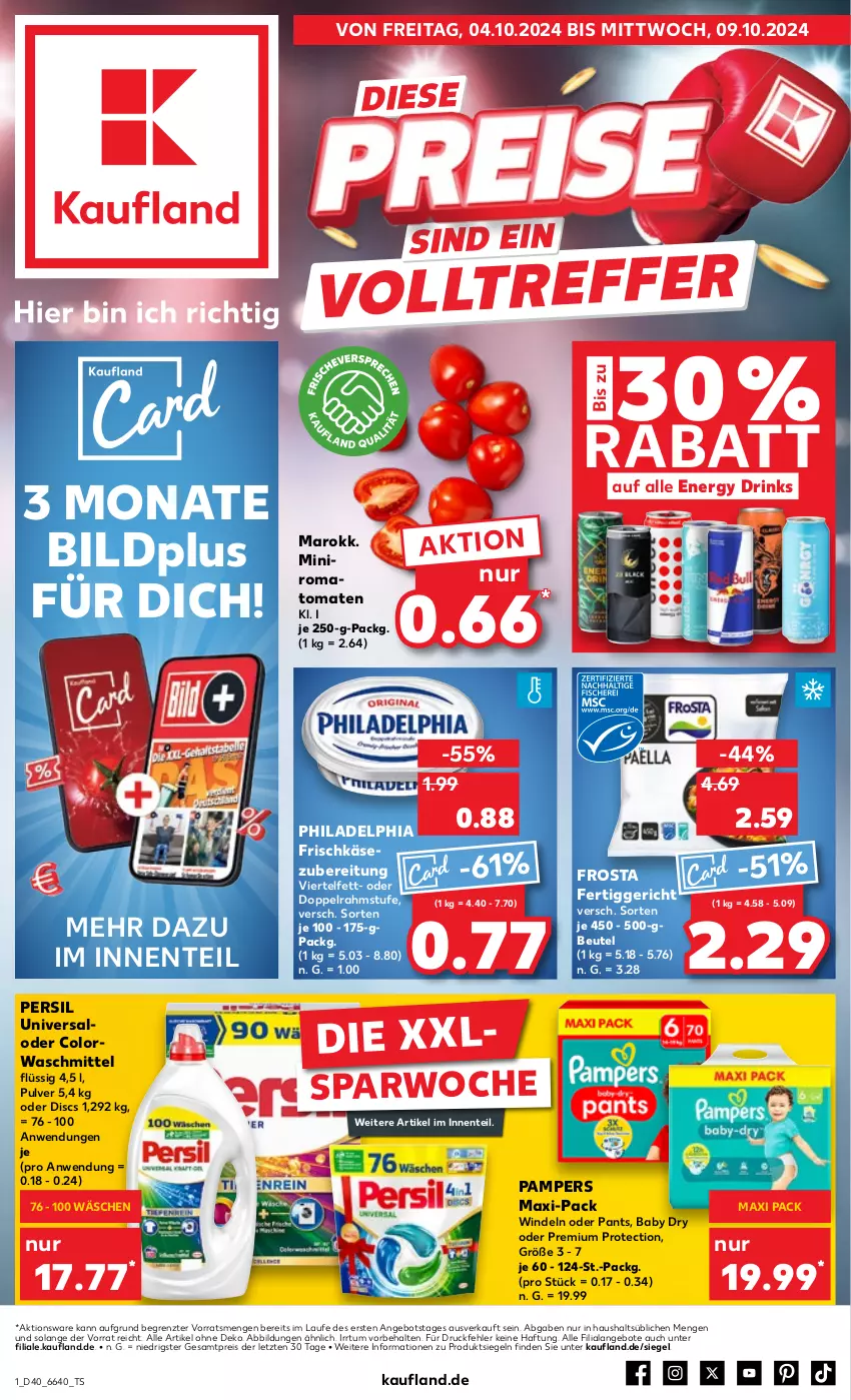 Aktueller Prospekt Kaufland - Prospekt - von 04.10 bis 09.10.2024 - strona 1 - produkty: angebot, angebote, beutel, colorwaschmittel, doppelrahmstufe, drink, drinks, eis, energy drink, ente, fertiggericht, frischkäse, frischkäsezubereitung, frosta, Käse, pampers, Pants, persil, philadelphia, reis, Romatomaten, Ti, tomate, tomaten, waschmittel, windeln, windeln oder pants, ZTE