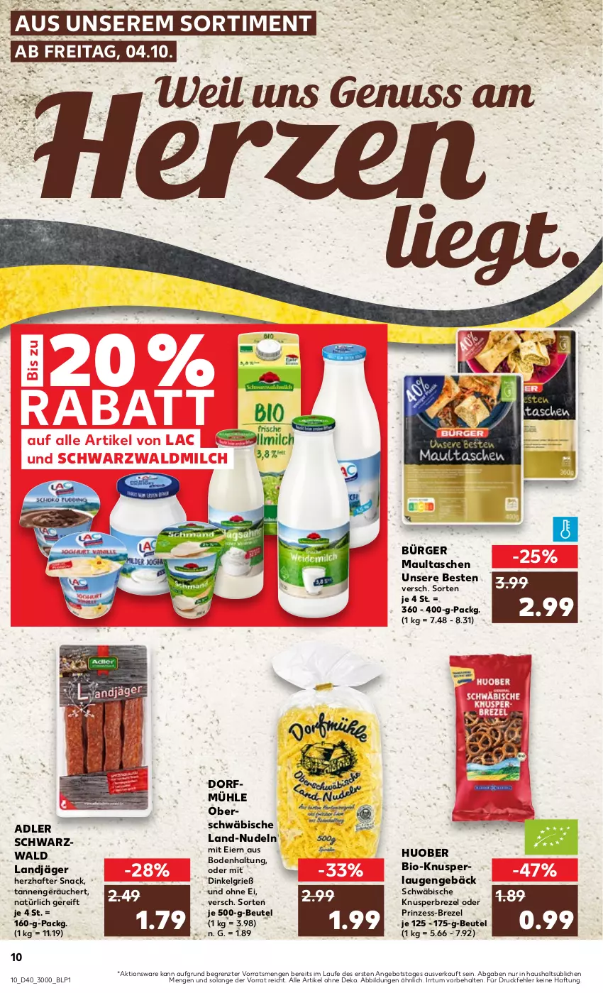 Aktueller Prospekt Kaufland - Prospekt - von 04.10 bis 09.10.2024 - strona 10 - produkty: angebot, beutel, bio, brezel, eier, huober, landjäger, LG, maultaschen, milch, nudel, nudeln, nuss, snack, Tasche, taschen, Ti, ZTE