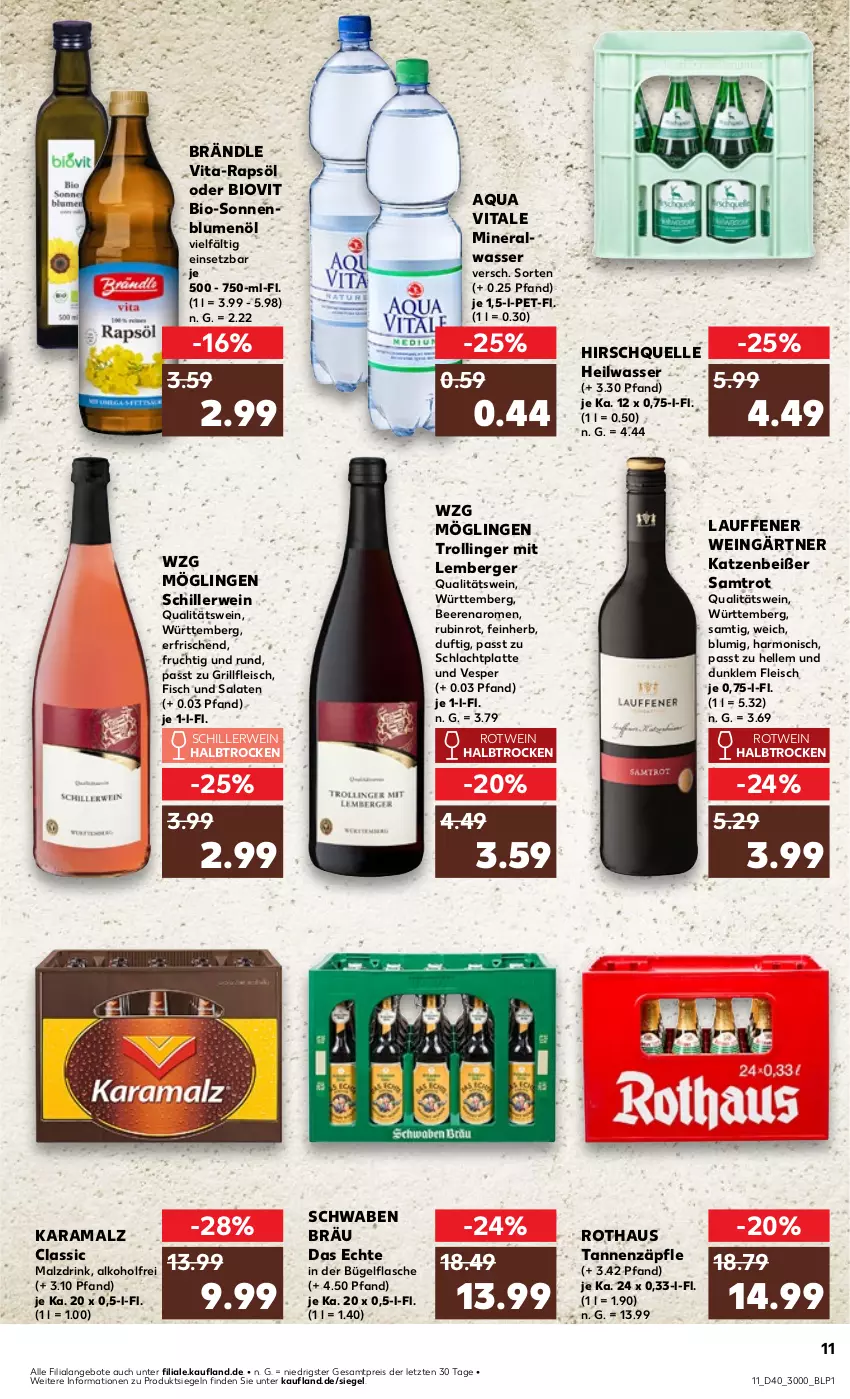 Aktueller Prospekt Kaufland - Prospekt - von 04.10 bis 09.10.2024 - strona 11 - produkty: alkohol, angebot, angebote, aqua, beere, beeren, Berger, bio, blume, blumen, blumenöl, bügel, bügelflasche, drink, eis, elle, fisch, flasche, fleisch, frucht, grill, karamalz, latte, malz, qualitätswein, rama, rapsöl, reis, rotwein, Rubin, rwe, salat, salate, Ti, trolli, trollinger, vita, wasser, wein, ZTE