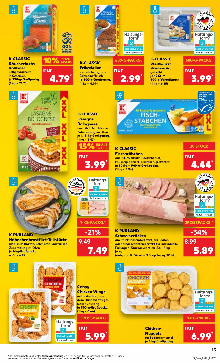 Aktueller Prospekt Kaufland - Prospekt - von 04.10 bis 09.10.2024 - strona 13 - produkty: Alaska-Seelachs, Alaska-Seelachsfilet, angebot, angebote, bolognese, braten, brustfilet, chicken wings, dell, eis, elle, filet, fisch, fischstäbchen, fleisch, frikadellen, hähnchenbrust, hähnchenbrustfilet, hähnchenflügel, ideal zum braten, lachs, lachsfilet, lasagne, Mantel, nuggets, Ofen, purland, Räucherlachs, reis, schnitten, schwein, schweine, schweinefleisch, schweinerücken, seelachsfilet, Ti, tisch, wein, weine, Weißwurst, wurst, ZTE