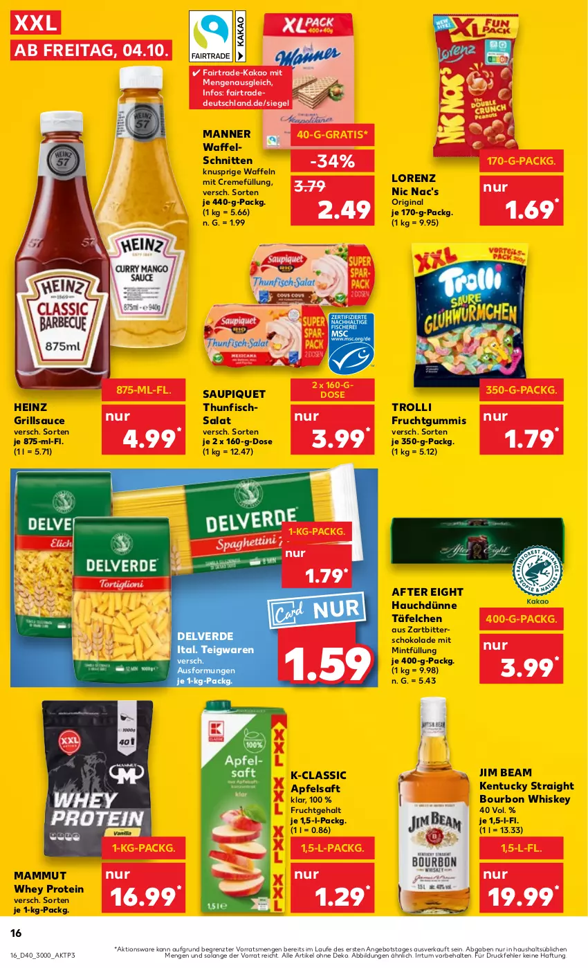 Aktueller Prospekt Kaufland - Prospekt - von 04.10 bis 09.10.2024 - strona 16 - produkty: after eight, angebot, apfel, apfelsaft, bourbon, bourbon whiskey, creme, erde, fisch, frucht, fruchtgummi, fruchtgummis, gin, grill, grillsauce, heinz, jim beam, kakao, kentucky straight, lorenz, mam, Manner, mint, nic nac's, saft, salat, sauce, saupiquet, schnitten, schoko, schokolade, teigwaren, thunfisch, Thunfischsalat, Ti, trolli, trolli fruchtgummi, tuc, waffeln, Waffelschnitte, whiskey, Zartbitterschokolade, ZTE