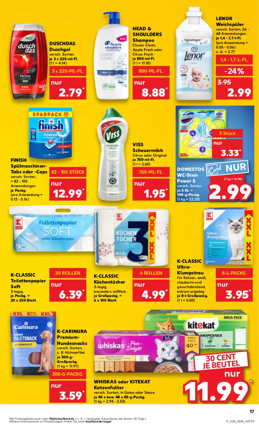 Aktueller Prospekt Kaufland - Prospekt - von 04.10 bis 09.10.2024 - strona 17 - produkty: angebot, angebote, Apple, binden, Cap, citrus, domestos, duschdas, duschgel, eis, filet, Finish, gelee, gin, Heu, hühner, Hühnerfilet, hundesnack, hundesnacks, katzenfutter, kitekat, klumpstreu, küche, Küchen, küchentücher, lenor, lenor weichspüler, milch, nerf, papier, reis, sauce, scheuermilch, shampoo, snack, snacks, spülmaschinen, spülmaschinentabs, Ti, toilettenpapier, tücher, weichspüler, whiskas, ZTE