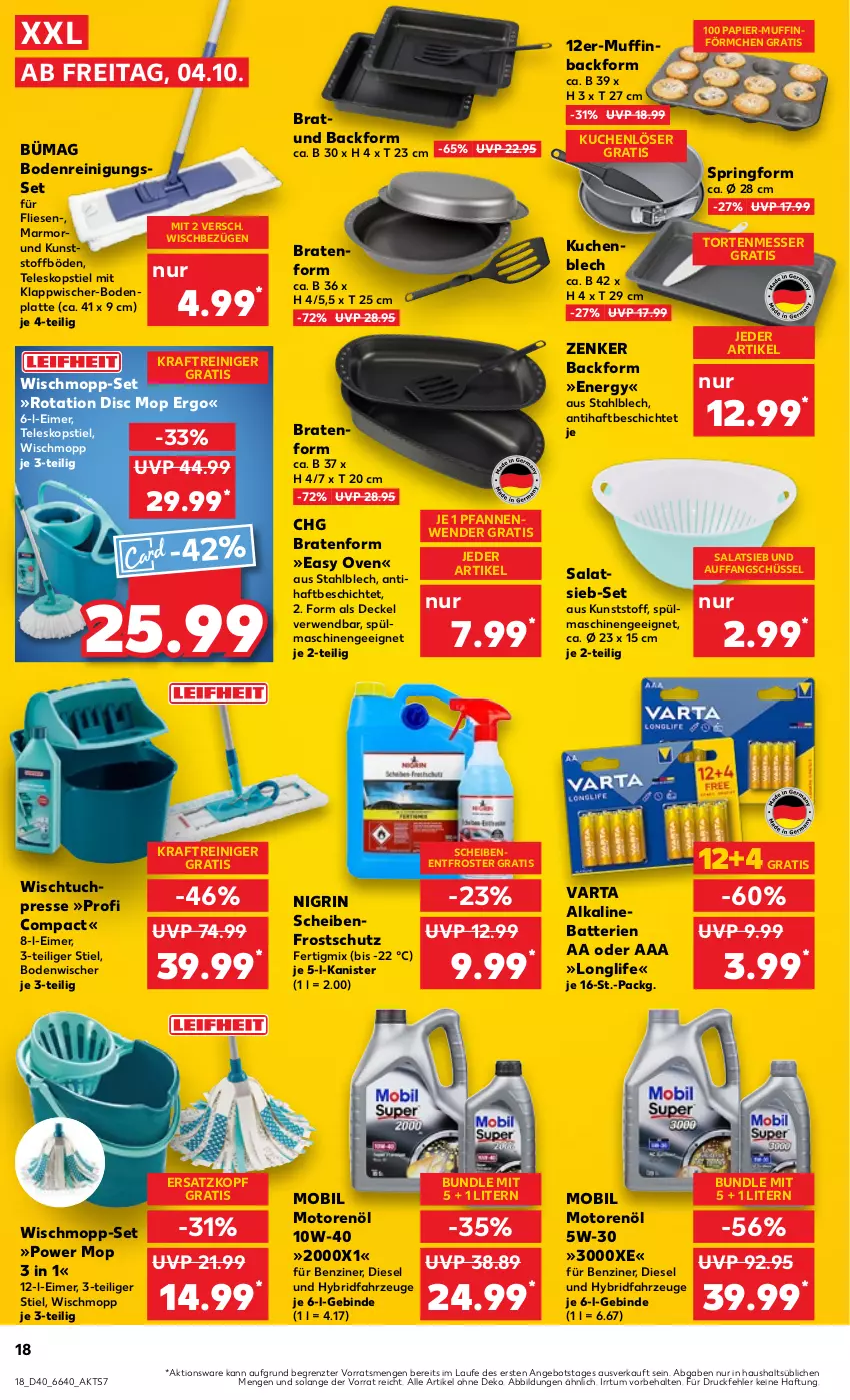 Aktueller Prospekt Kaufland - Prospekt - von 04.10 bis 09.10.2024 - strona 18 - produkty: angebot, Backform, batterie, batterien, Bodenplatte, bodenwischer, braten, decke, Deckel, Diesel, eimer, HP, kraft, kuchen, latte, longlife, messer, motorenöl, Muffin, Nigrin, papier, pfanne, pfannen, Pfannenwender, reiniger, Reinigung, ring, rwe, salat, Scheibenfrostschutz, schüssel, Springform, spülmaschinen, Teleskop, teleskopstiel, Ti, torte, tuc, varta, Wischmopp, Wischtuchpresse, ZTE