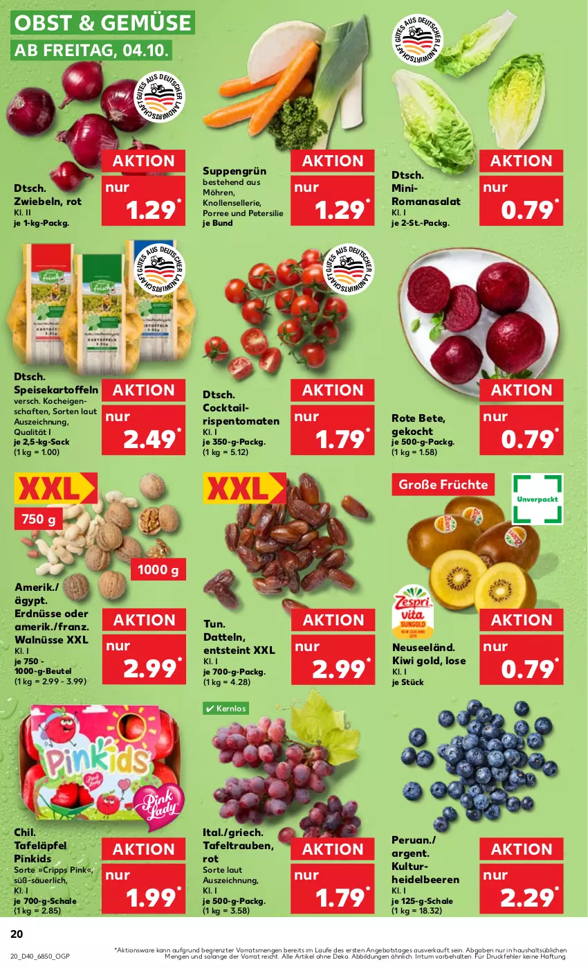 Aktueller Prospekt Kaufland - Prospekt - von 04.10 bis 09.10.2024 - strona 20 - produkty: angebot, beere, beeren, beutel, cocktail, Datteln, eis, elle, erdnüsse, früchte, heidelbeere, heidelbeeren, kartoffel, kartoffeln, kiwi, Kiwi Gold, möhren, obst, petersilie, rispentomaten, Romanasalat, rote bete, sac, salat, Schal, Schale, speisekartoffeln, suppe, suppen, tafeläpfel, tafeltrauben, Ti, tomate, tomaten, trauben, ZTE, zwiebel, zwiebeln