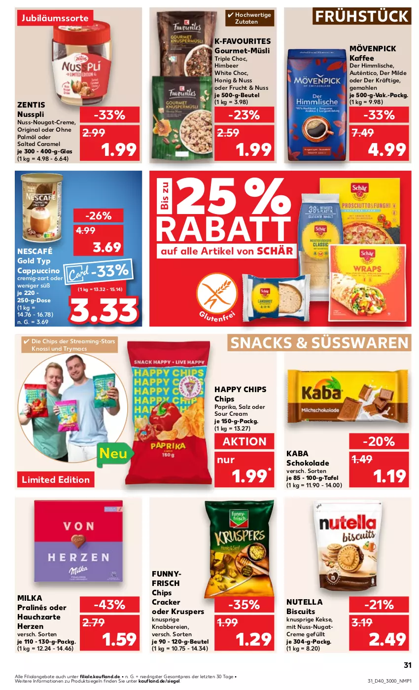 Aktueller Prospekt Kaufland - Prospekt - von 04.10 bis 09.10.2024 - strona 31 - produkty: angebot, angebote, beutel, Cap, cappuccino, caramel, chips, cin, cracker, creme, eis, frucht, gin, himbeer, honig, Jubiläums, kaffee, keks, kekse, mac, milka, mövenpick, mövenpick kaffee, müsli, Nescafé, nescafé gold, nuss, nuss-nougat-creme, nusspli, nutella, ohne palmöl, paprika, reis, salz, schoko, schokolade, snack, snacks, sour cream, süsswaren, Ti, zentis, ZTE