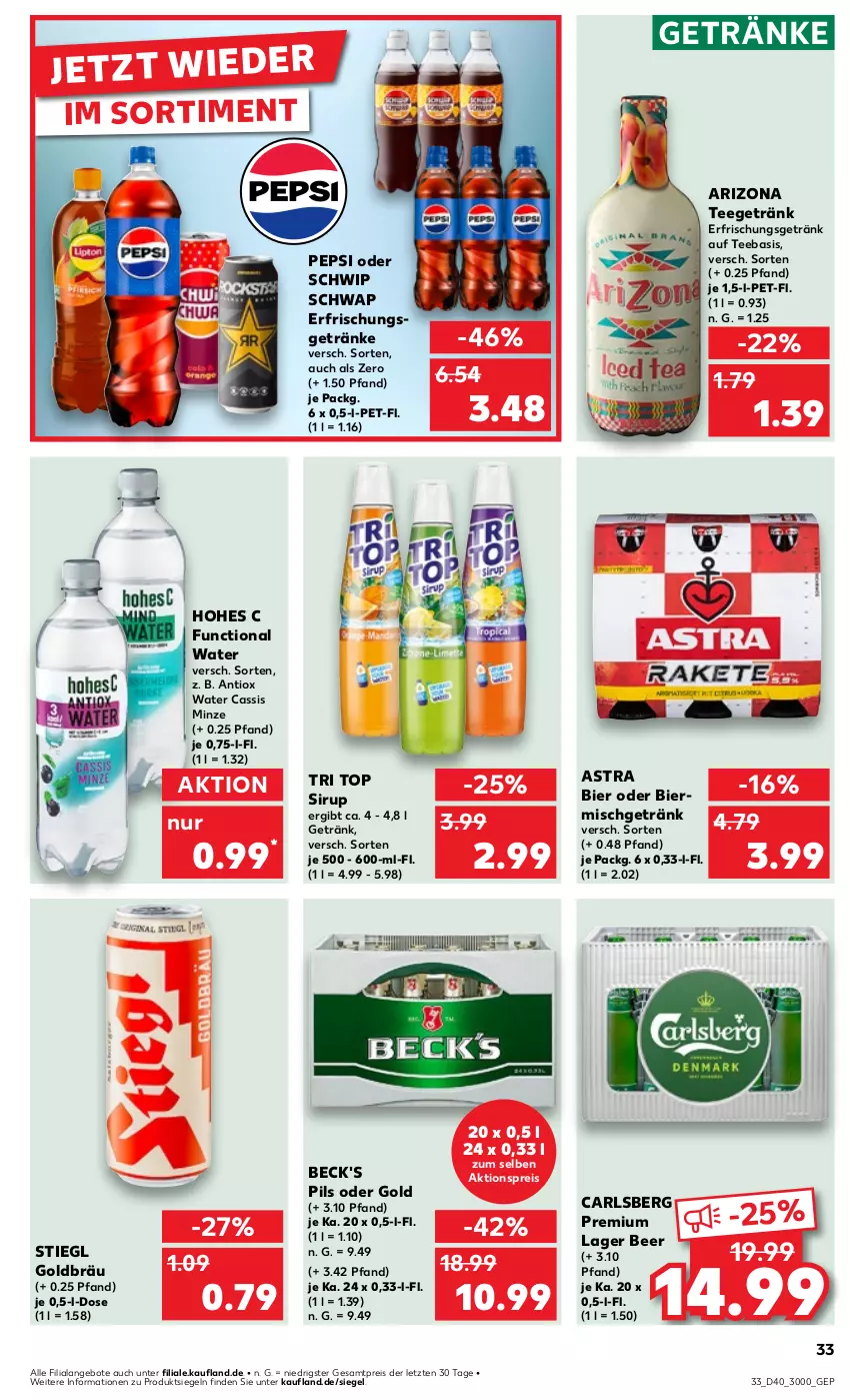 Aktueller Prospekt Kaufland - Prospekt - von 04.10 bis 09.10.2024 - strona 33 - produkty: aktionspreis, angebot, angebote, Astra, beck's, bier, carlsberg, cassis, eis, erfrischungsgetränk, erfrischungsgetränke, getränk, getränke, Hohes C, minze, pepsi, pils, reis, Schwip Schwap, sirup, Stiegl, tee, Ti, ZTE