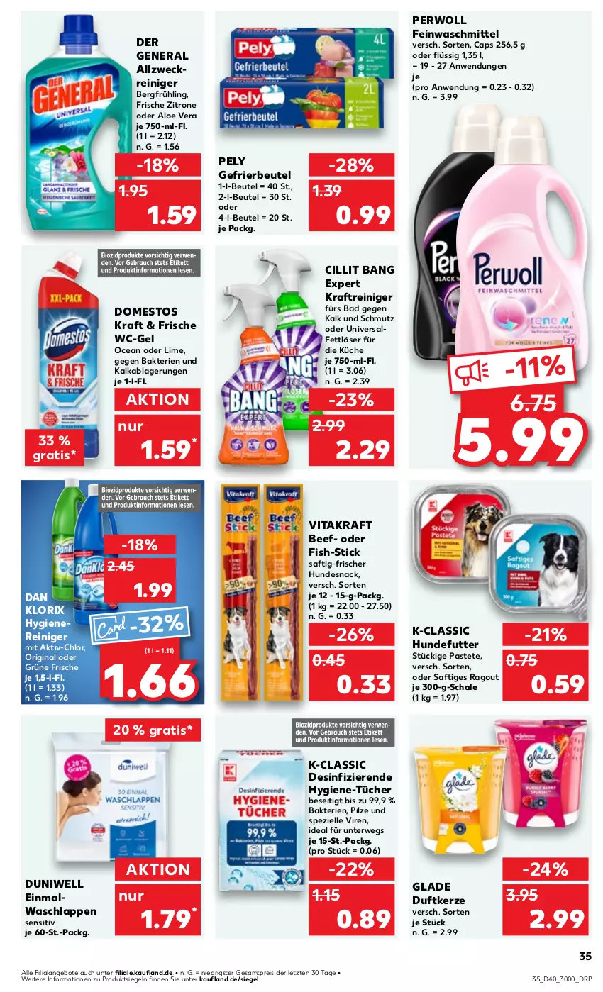 Aktueller Prospekt Kaufland - Prospekt - von 04.10 bis 09.10.2024 - strona 35 - produkty: allzweckreiniger, aloe vera, Alwa, angebot, angebote, Bad, beef, beutel, Cap, Cillit, cillit bang, domestos, Duftkerze, duni, Duniwell, Einmalwaschlappen, eis, elle, feinwaschmittel, Fettlöser, gefrierbeutel, gin, Glade, hundesnack, kerze, kraft, küche, pastete, pely, perwoll, pilze, Ragout, reiniger, reis, rwe, saft, Schal, Schale, snack, Spezi, Ti, tücher, vita, vitakraft, waschlappen, waschmittel, wc-gel, weck, zitrone, ZTE