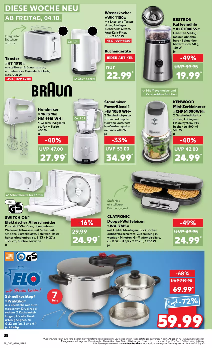 Aktueller Prospekt Kaufland - Prospekt - von 04.10 bis 09.10.2024 - strona 38 - produkty: angebot, angebote, auto, Becher, Behälter, bohne, bohnen, Brei, brötchen, brötchenaufsatz, edelstahl, eis, elle, handmixer, herdarten, HP, kaffee, Kaffeemühle, Kocher, Kochtopf, küche, Küchen, latte, leine, mayonnaise, messer, Mixer, reis, Schal, Schlitten, Schnellkochtopf, standmixer, tasse, Ti, tisch, toast, toaster, topf, Waffeleisen, wasser, wasserkocher, Yo, Zerkleinerer, ZTE