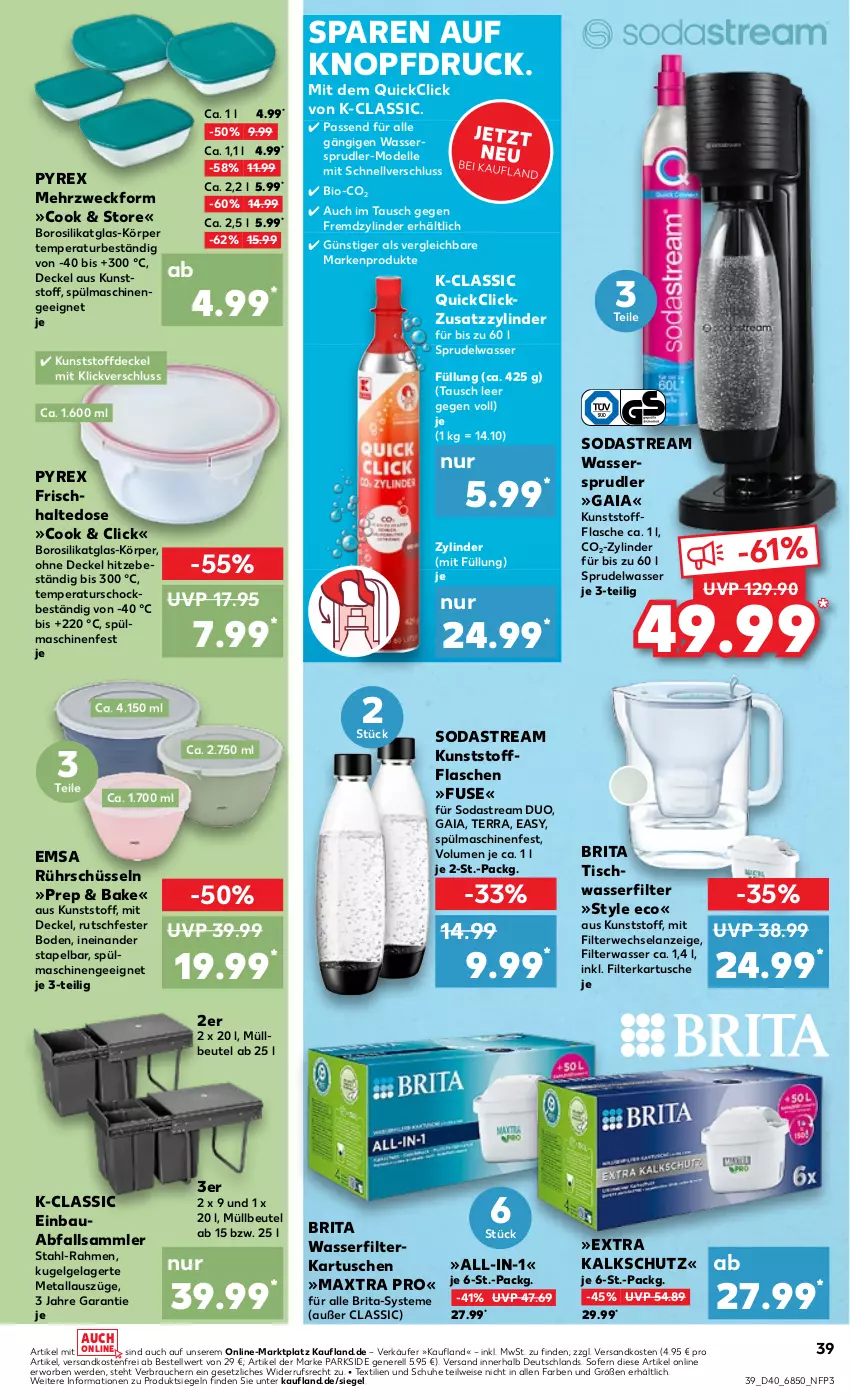 Aktueller Prospekt Kaufland - Prospekt - von 04.10 bis 09.10.2024 - strona 39 - produkty: Bau, beutel, bio, brita, decke, Deckel, dell, eis, Elan, elle, emsa, erde, flasche, Kugel, LG, Maxtra, Mehrzweckform, Mode, müllbeutel, ndk, Parkside, passend für alle, pyrex, Rauch, rel, Rührschüssel, rwe, schuhe, schüssel, Soda, sodastream, Sprudel, spülmaschinen, Ti, tisch, versandkostenfrei, wasser, wasserfilter, wassersprudler, weck