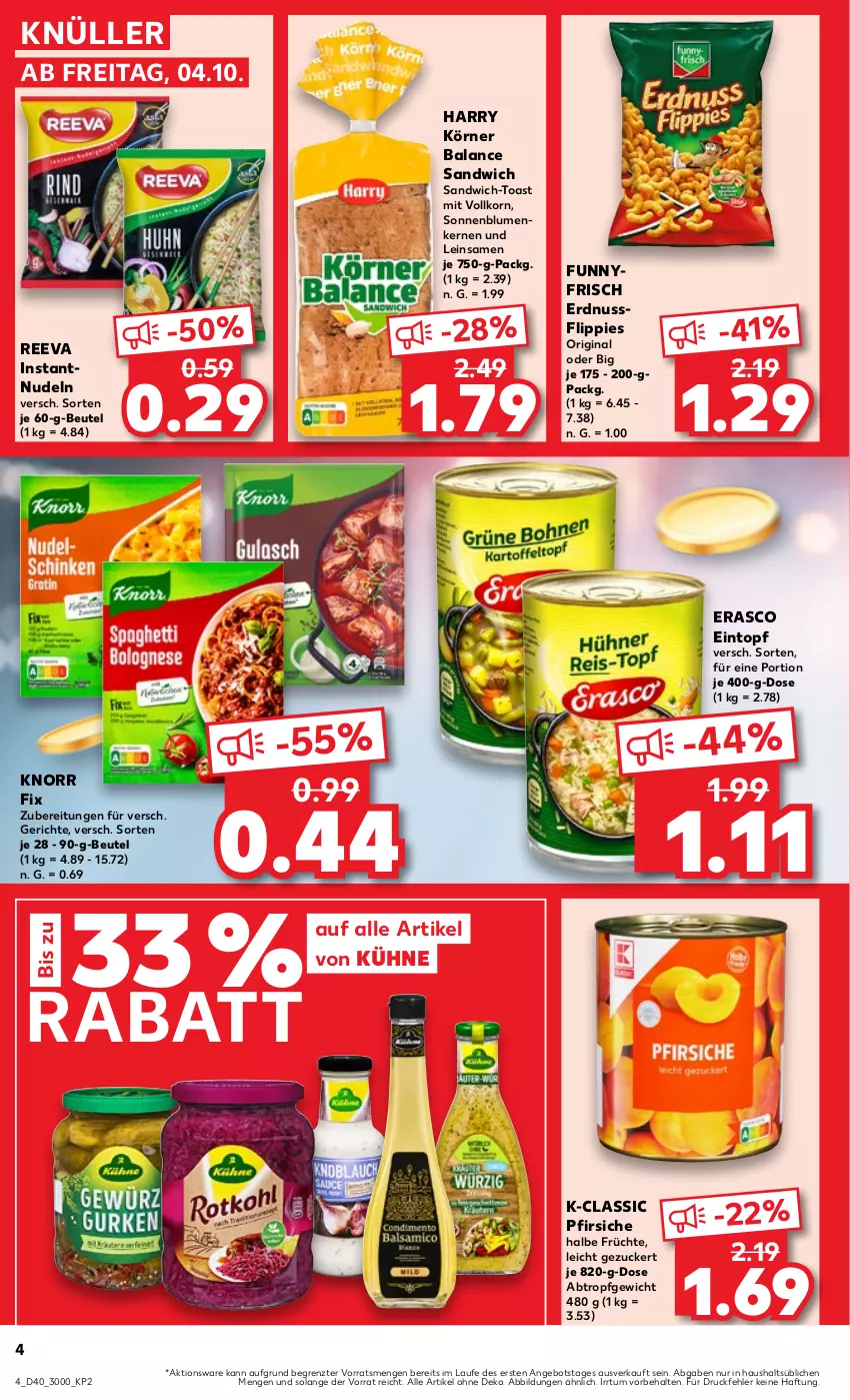 Aktueller Prospekt Kaufland - Prospekt - von 04.10 bis 09.10.2024 - strona 4 - produkty: angebot, beutel, blume, blumen, eintopf, erasco, erdnuss, flippies, früchte, gin, knorr, knorr fix, korn, Kühne, nudel, nudeln, nuss, pfirsich, pfirsiche, sandwich, sonnenblume, sonnenblumen, Sonnenblumenkerne, sonnenblumenkernen, Ti, toast, topf, ZTE, zucker