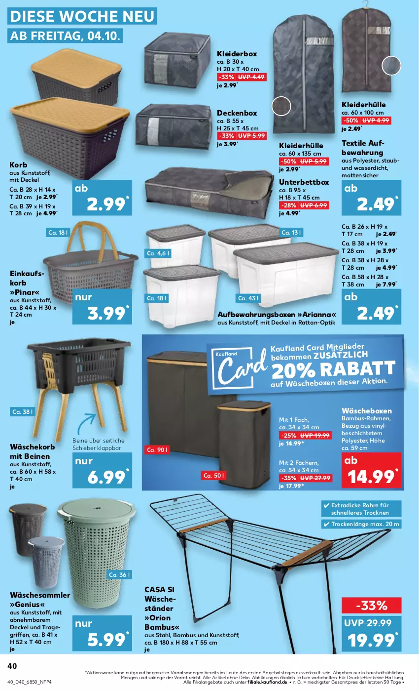 Aktueller Prospekt Kaufland - Prospekt - von 04.10 bis 09.10.2024 - strona 40 - produkty: angebot, angebote, aufbewahrungsbox, bambus, beko, bett, decke, Deckel, einkaufskorb, eis, elle, kleid, kleider, korb, reis, Ria, Ti, tragegriff, wäschekorb, wasser, ZTE