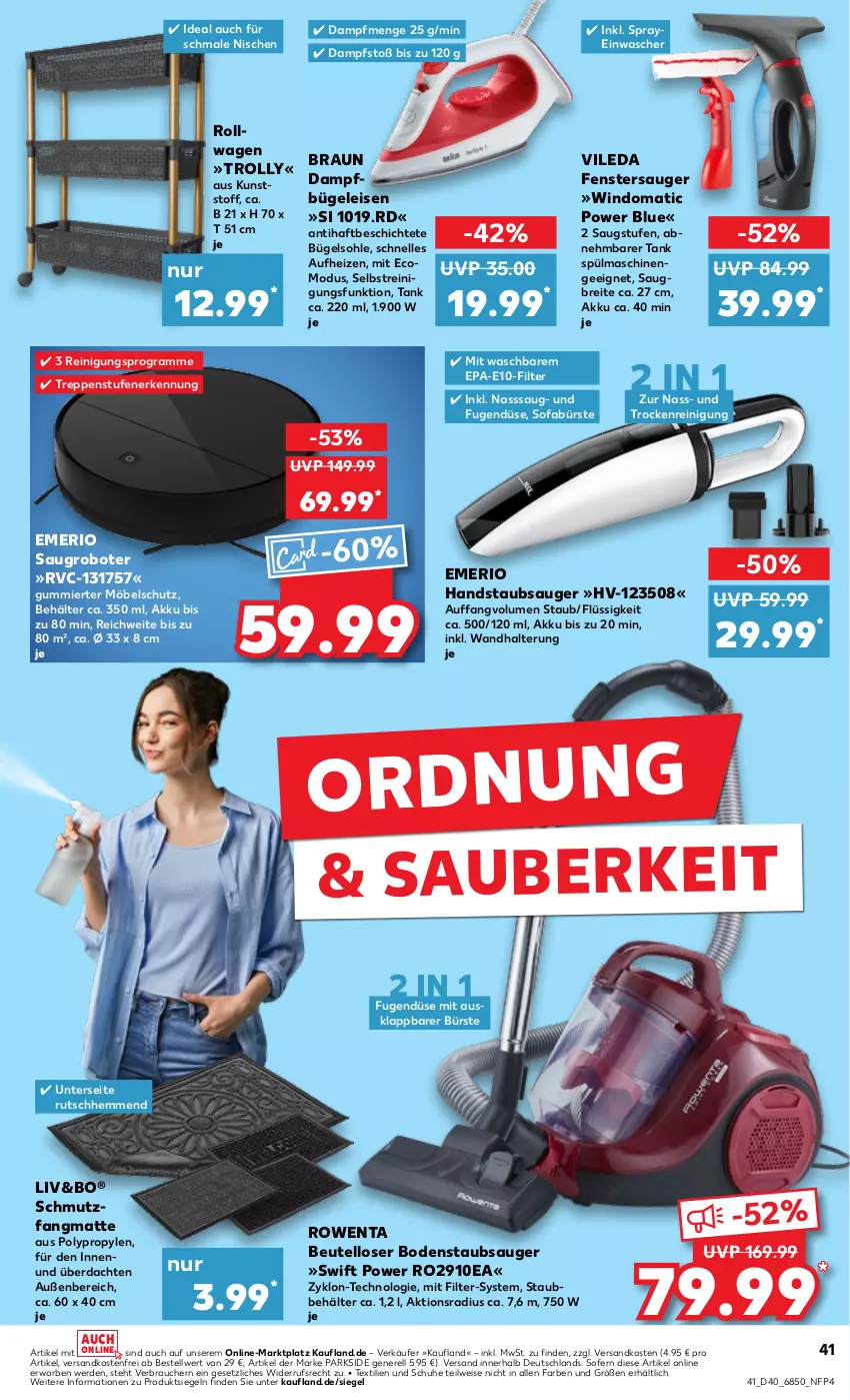 Aktueller Prospekt Kaufland - Prospekt - von 04.10 bis 09.10.2024 - strona 41 - produkty: akku, Behälter, beutel, bodenstaubsauger, braun, Brei, bügel, Bügeleisen, bürste, eis, elle, erde, fenster, fenstersauger, handstaubsauger, möbel, ndk, Parkside, Pfau, Rauch, Reinigung, rel, rowenta, Saugroboter, schmutzfangmatte, schuhe, Sofa, spülmaschinen, staubsauger, Ti, versandkostenfrei, vileda, wandhalterung