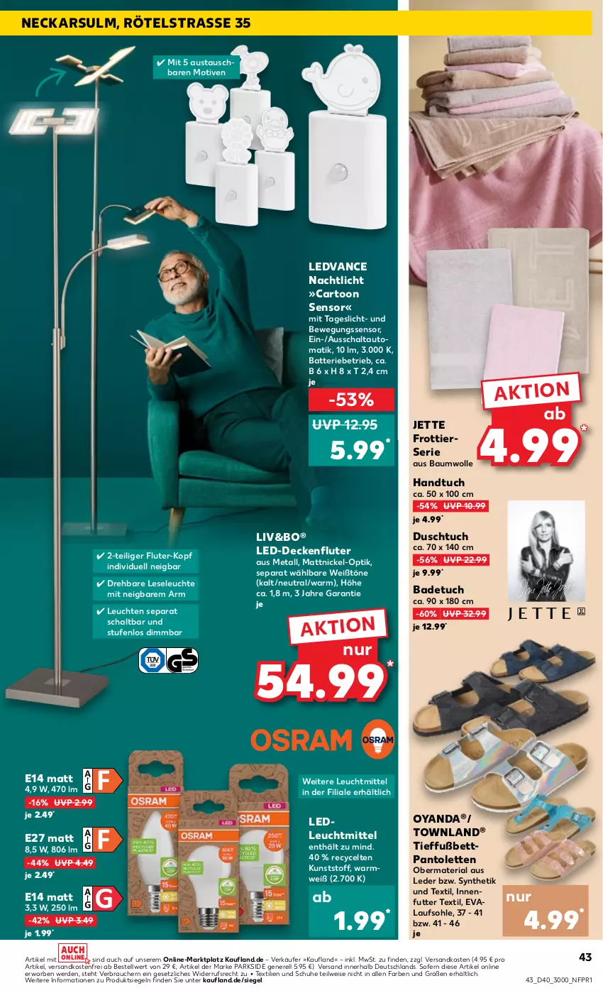 Aktueller Prospekt Kaufland - Prospekt - von 04.10 bis 09.10.2024 - strona 43 - produkty: aust, auto, Bad, badetuch, batterie, Bau, baumwolle, bett, Bewegungssensor, decke, deckenfluter, duschtuch, eis, erde, handtuch, Leuchte, leuchten, leuchtmittel, Nachtlicht, ndk, pantolette, pantoletten, Parkside, Rauch, rel, Ria, Schal, schuhe, Ti, tuc, versandkostenfrei, wolle