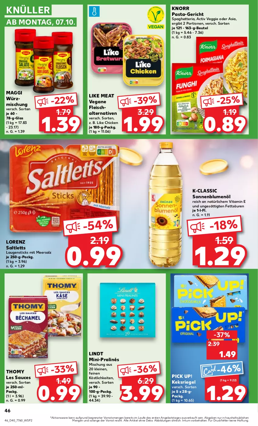 Aktueller Prospekt Kaufland - Prospekt - von 04.10 bis 09.10.2024 - strona 46 - produkty: angebot, beutel, blume, blumen, blumenöl, eis, fleisch, gin, keks, knorr, knorr pasta, leine, Like Meat, lindt, lorenz, maggi, meersalz, pasta, Pick Up!, Ria, riegel, saltletts, salz, sauce, sonnenblume, sonnenblumen, sonnenblumenöl, thomy, thomy les sauces, Ti, veggie, vita, ZTE