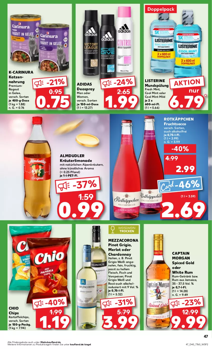 Aktueller Prospekt Kaufland - Prospekt - von 04.10 bis 09.10.2024 - strona 47 - produkty: Adidas, alkohol, almdudler, angebot, angebote, Cap, captain morgan, chardonnay, chio chips, chips, corona, deo, deospray, ecco, eis, elle, fisch, fleisch, frucht, fruchtsecco, gelee, getränk, kartoffel, kartoffelchips, katzennahrung, kräuter, kräutern, limo, limonade, listerine, merl, merlot, mezzacorona, mint, mundspülung, Pinot, pinot grigio, Ragout, rotkäppchen, rum, spülung, Ti, vorspeise, wein, white rum