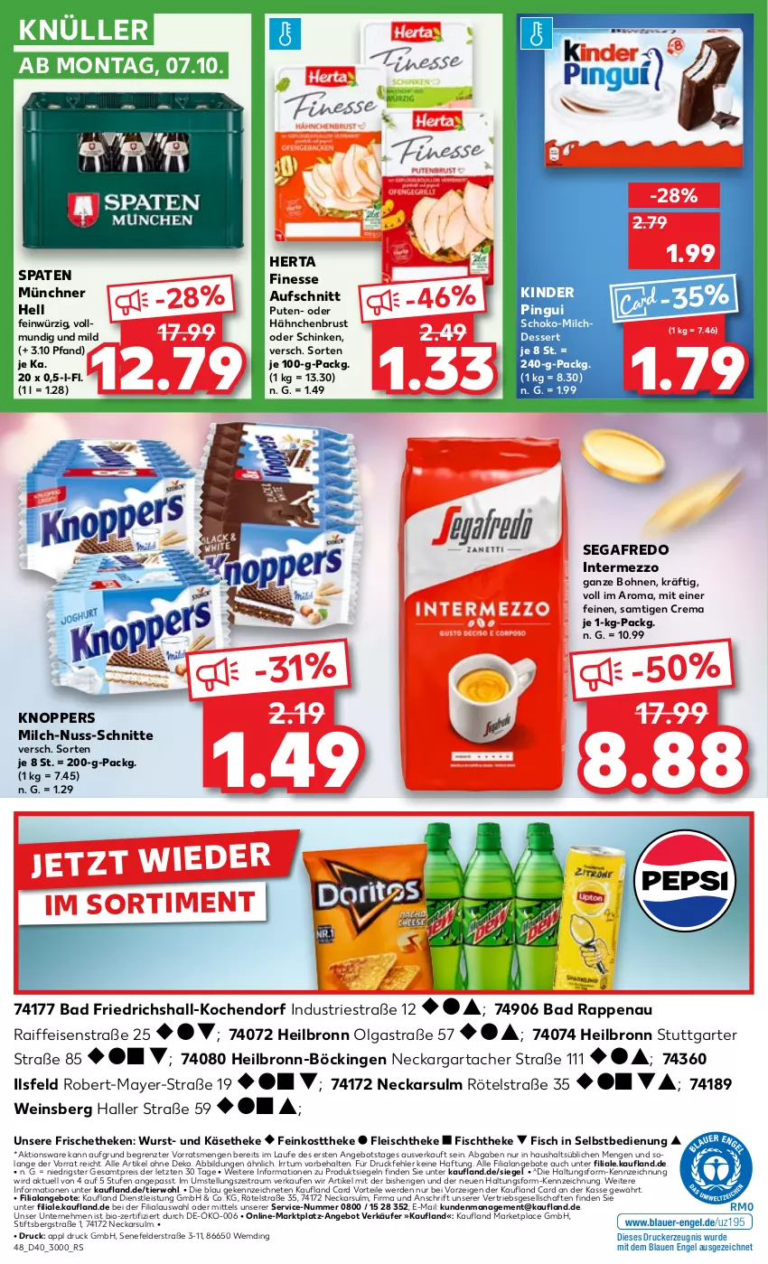 Aktueller Prospekt Kaufland - Prospekt - von 04.10 bis 09.10.2024 - strona 48 - produkty: angebot, angebote, Astra, aufschnitt, Bad, bio, bohne, bohnen, dessert, drucker, eis, Engel, erde, feinkost, feinkosttheke, finesse, fisch, fischtheke, fleisch, hähnchenbrust, herta, herta finesse, intermezzo, Käse, käsetheke, kerze, Kinder, kinder pingui, knoppers, LG, milch, Milchdessert, nuss, pingui, pute, reis, schinken, schoko, Segafredo, Spaten, Ti, wein, wurst, ZTE