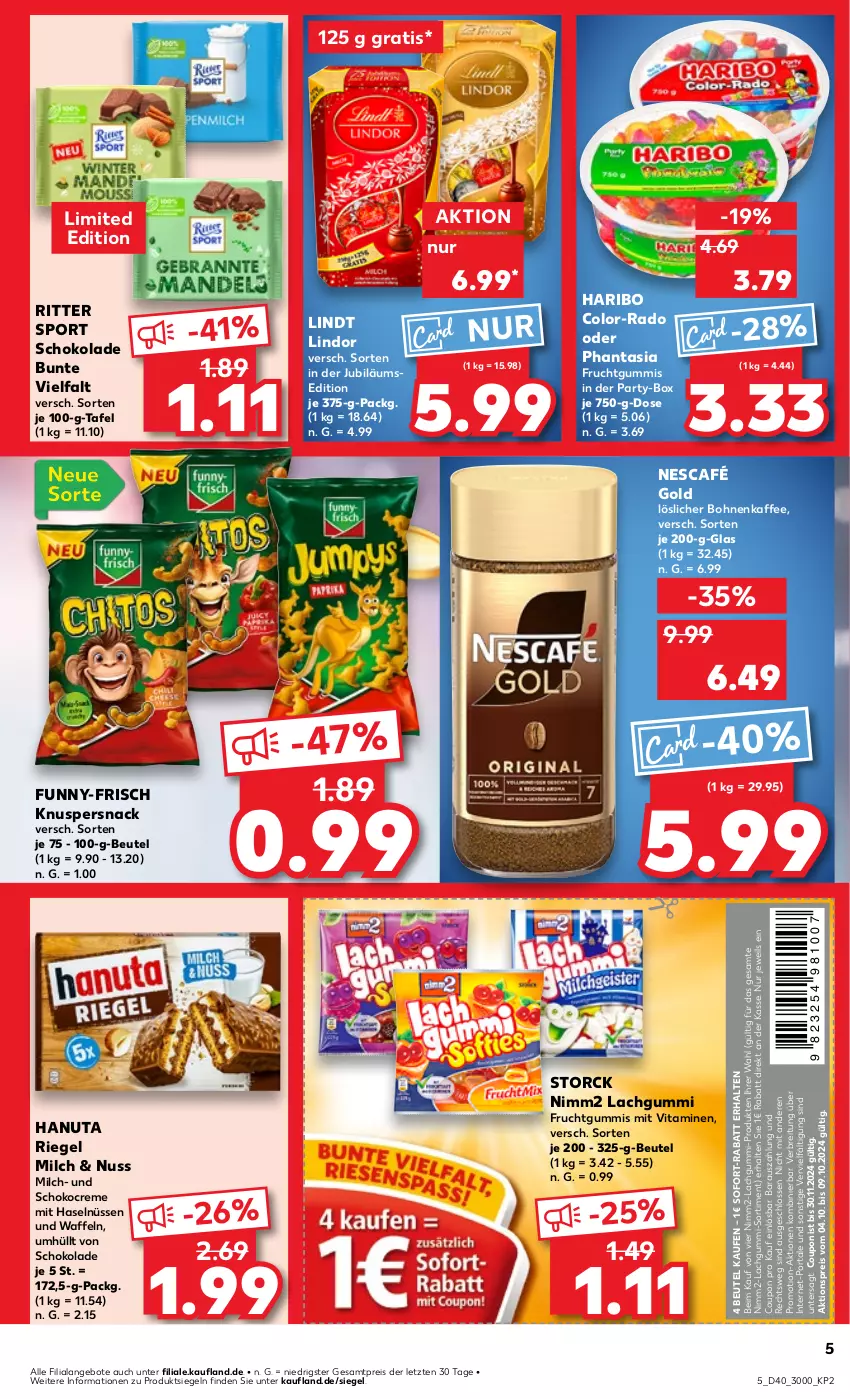 Aktueller Prospekt Kaufland - Prospekt - von 04.10 bis 09.10.2024 - strona 5 - produkty: aktionspreis, angebot, angebote, beutel, bohne, bohnen, bohnenkaffee, Brei, coupon, creme, eis, frucht, fruchtgummi, fruchtgummis, funny-frisch, hanuta, haribo, Jubiläums, kaffee, lachgummi, lindor, lindt, löslicher bohnenkaffee, milch, Nescafé, nescafé gold, nimm2, nuss, reis, riegel, ritter, ritter sport, schoko, schokolade, snack, sofort-rabatt, Sport, storck, Ti, vita, Vitamine, waffeln, ZTE