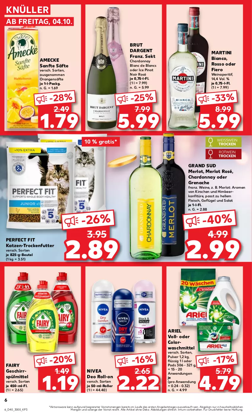 Aktueller Prospekt Kaufland - Prospekt - von 04.10 bis 09.10.2024 - strona 6 - produkty: amecke, angebot, aperitif, ariel, beutel, brut, brut dargent, chardonnay, colorwaschmittel, de blancs, deo, deo roll-on, eis, elle, fairy, fleisch, Geflügel, geschirr, geschirrspülmittel, grand sud, himbeer, kirsch, kirsche, kirschen, konfitüre, martini, merl, merlot, nivea, orange, orangen, Perfect Fit, Pinot, pinot noir, Pods, roll-on, Roller, rotwein, säfte, salat, sekt, spülmittel, Ti, trockenfutter, waschmittel, wein, weine, ZTE