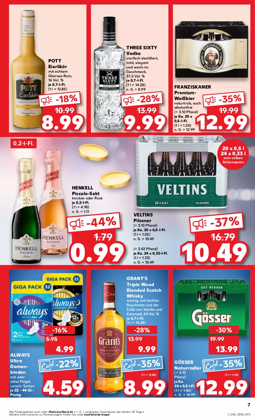 Aktueller Prospekt Kaufland - Prospekt - von 04.10 bis 09.10.2024 - strona 7 - produkty: aktionspreis, alkohol, Alwa, Always, angebot, angebote, bier, binden, blended scotch, blended scotch whisky, Damenbinden, eier, eierlikör, eis, franziskaner, gösser, henkel, henkell, karamell, likör, mac, natur, pils, pilsener, Premiumweiß, radler, Rauch, reis, rum, scotch, scotch whisky, sekt, Three Sixty, Ti, vanille, veltins, veltins pilsener, vodka, whisky, ZTE