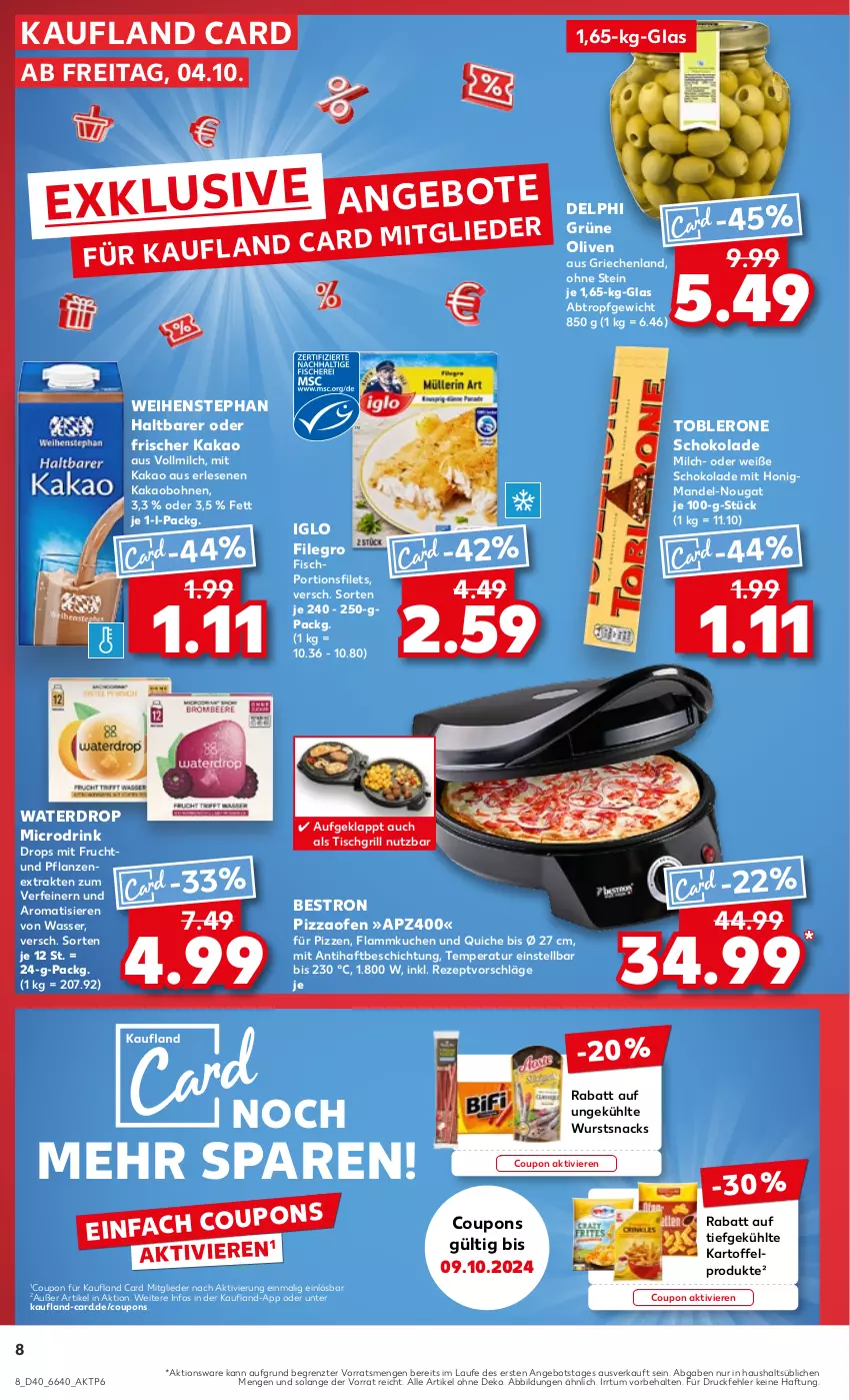 Aktueller Prospekt Kaufland - Prospekt - von 04.10 bis 09.10.2024 - strona 8 - produkty: angebot, angebote, bohne, bohnen, coupon, coupons, drink, filegro, filet, filets, fisch, flammkuchen, frucht, grill, grüne oliven, honig, HP, iglo, kakao, kartoffel, kuchen, lamm, mandel, milch, mit frucht, Ofen, olive, oliven, pflanze, pflanzen, pizza, Pizzaofen, Quiche, rezept, schoko, schokolade, snack, snacks, Ti, tisch, tischgrill, toblerone, vollmilch, wasser, weihenstephan, Weiße Schokolade, wurst, ZTE