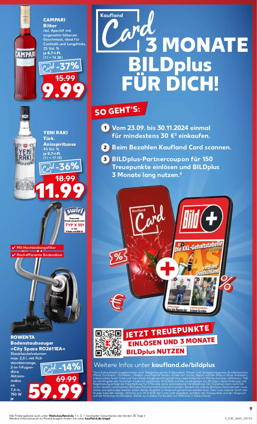 Aktueller Prospekt Kaufland - Prospekt - von 04.10 bis 09.10.2024 - strona 9 - produkty: angebot, angebote, aperitif, auto, beutel, bodenstaubsauger, campari, cocktail, cocktails, coupon, drink, drinks, eis, ente, erde, gutschein, kerze, LG, mac, reis, rowenta, Schal, staubbeutel, staubsauger, staubsaugerbeutel, Sushi, Tasche, taschen, Tchibo, telefon, Ti, tisch, tomate, tomaten, yeni raki, ZTE