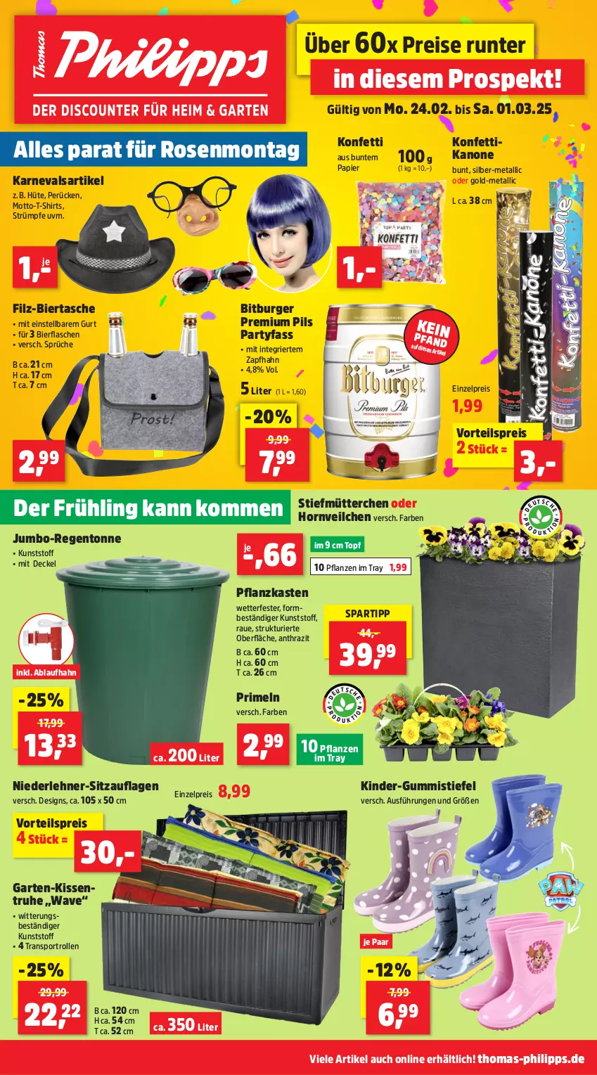 Aktueller Prospekt Thomas Philipps - von 24.02 bis 01.03.2025 - strona 1 - produkty: bier, bitburger, burger, decke, Deckel, eis, flasche, Garten, Gummistiefel, jumbo, Kinder, kissen, papier, pflanze, pflanzen, Pflanzkasten, pils, premium pils, Primeln, reis, rosen, shirt, shirts, Sitzauflage, spartipp, Sport, strümpfe, T-Shirt, Tasche, Ti, topf, vorteilspreis